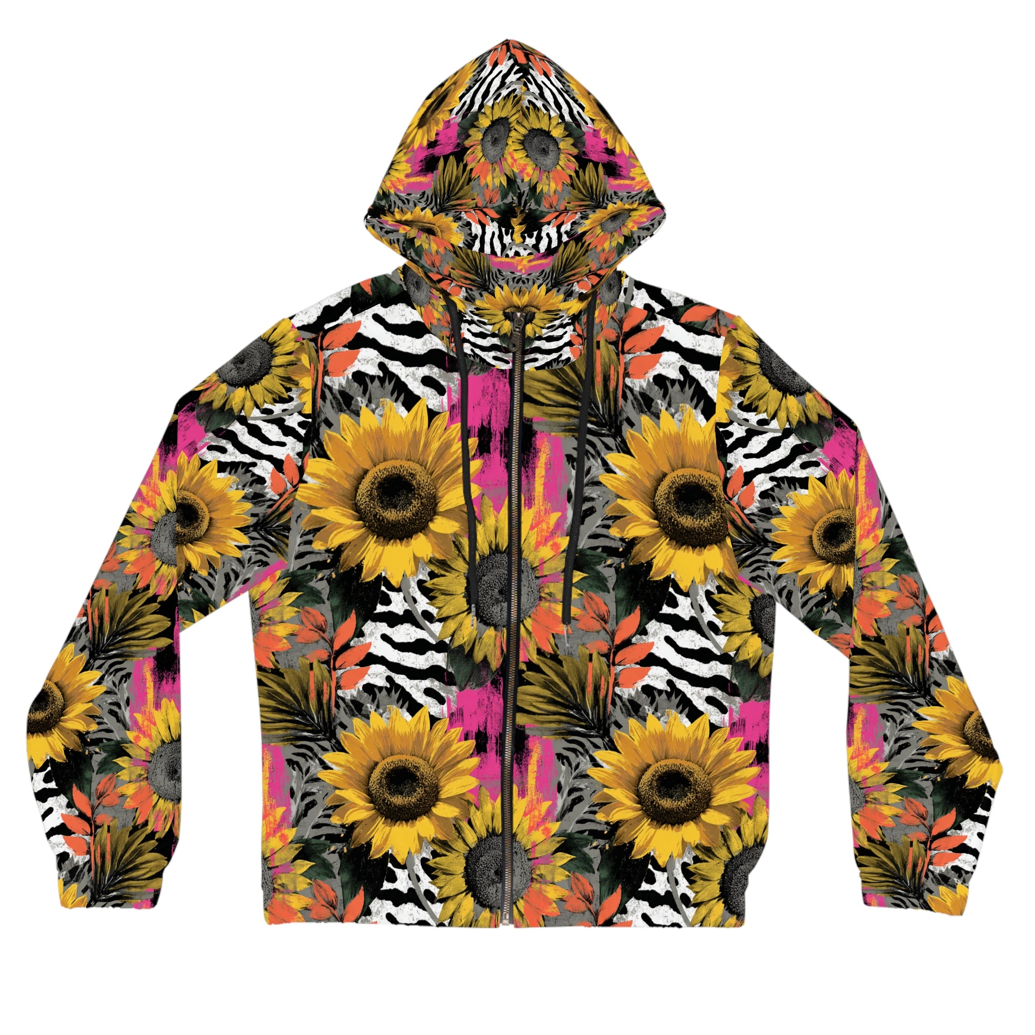 Zebra Stripes x Sunflowers Multi-Color Women’s Full-Zip Hoodie (AOP), Artsulli - Art is Long, Life is Short, All Over Prints, Size, XS, Color, Black, , , 20707482950696525187