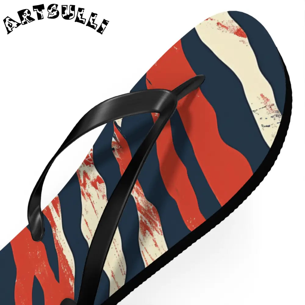 JAKKOUTTHEBXX Red White Blue Abstract Striped Flip Flops