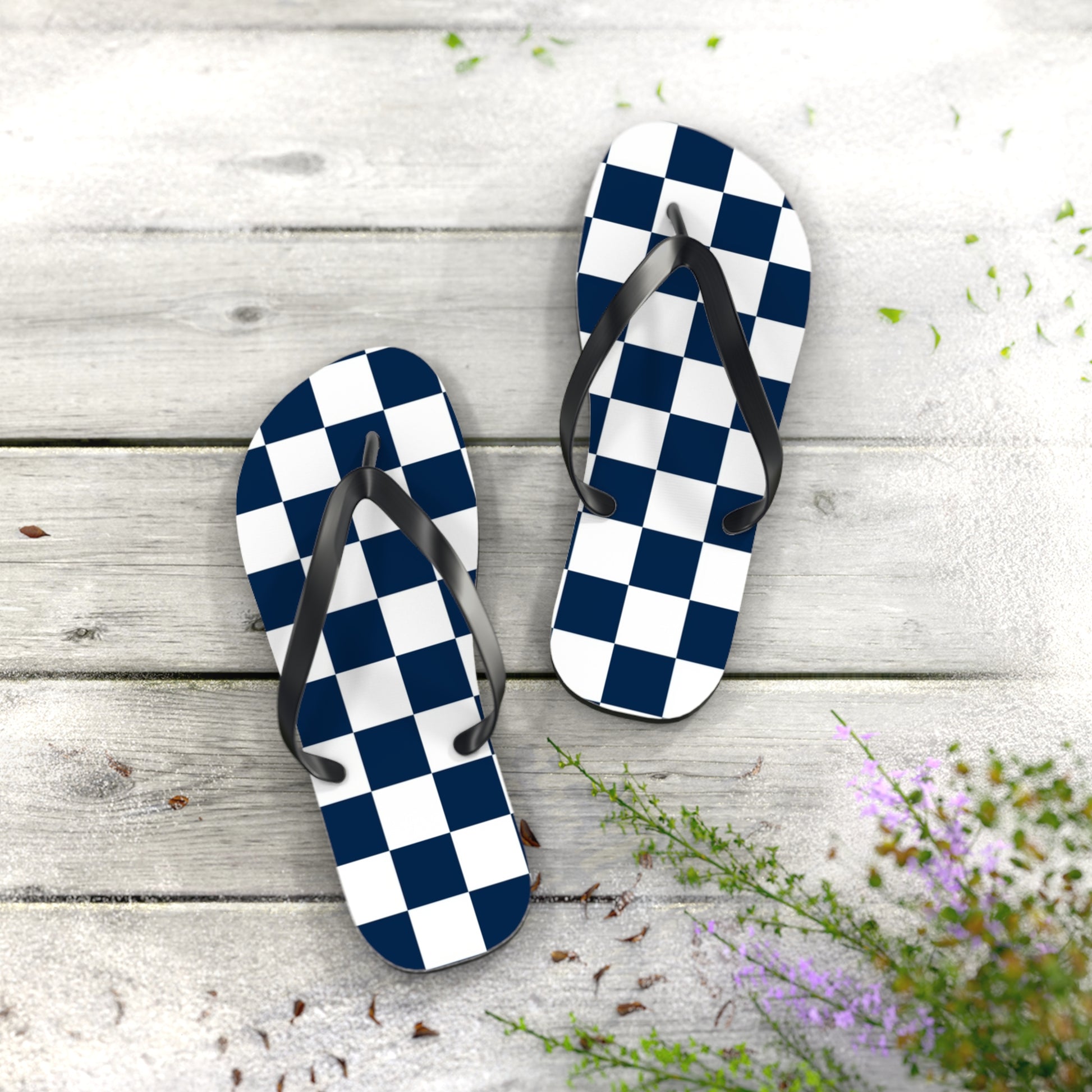Checkerboard White and Navy Blue Flip Flops, Artsulli - Art is Long, Life is Short, Shoes, , , , , , , 