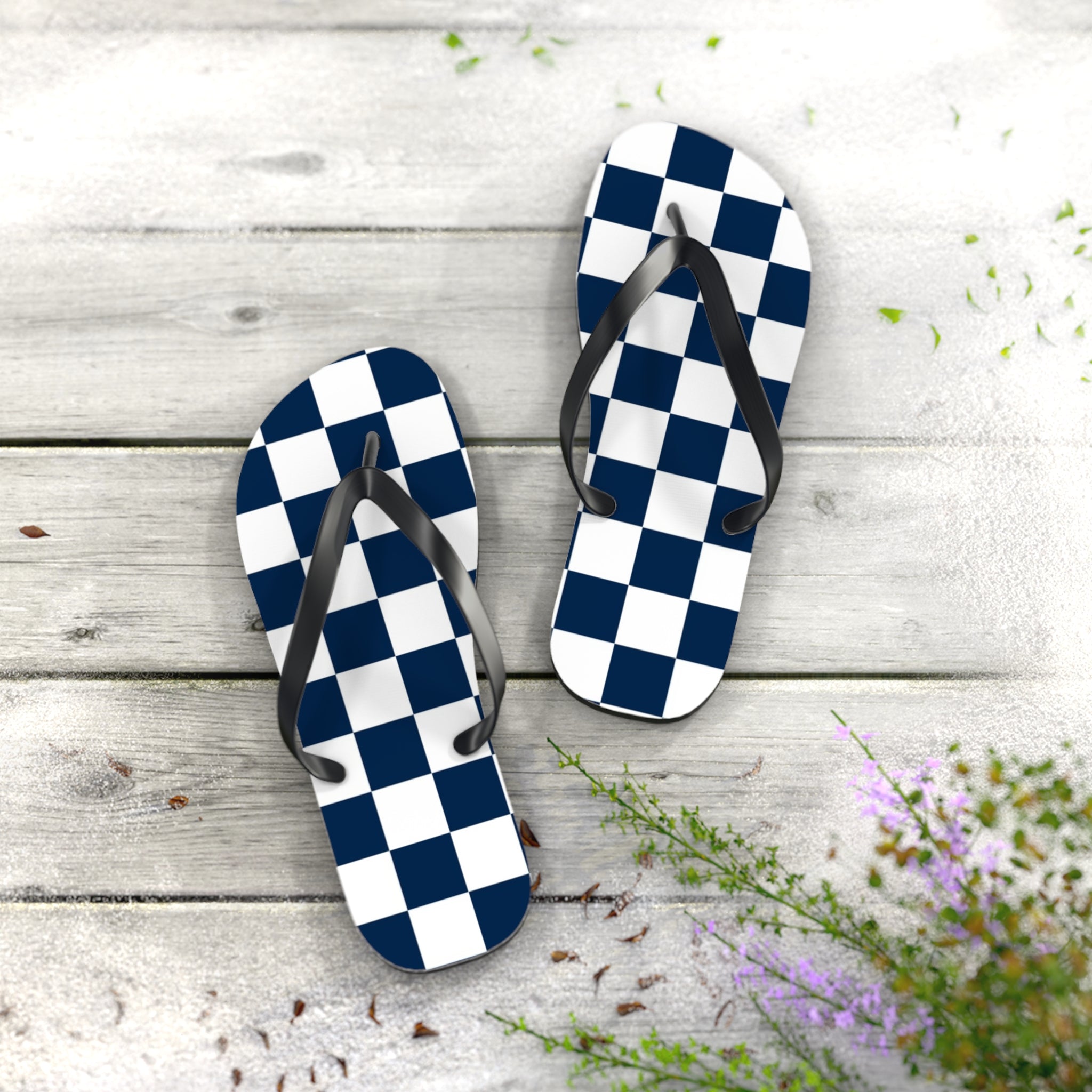 Checkerboard White and Navy Blue Flip Flops, Artsulli - Art is Long, Life is Short, Shoes, , , , , , , 