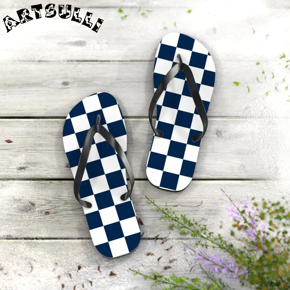 JAKKOUTTHEBXX Checkerboard White and Navy Blue Flip Flops