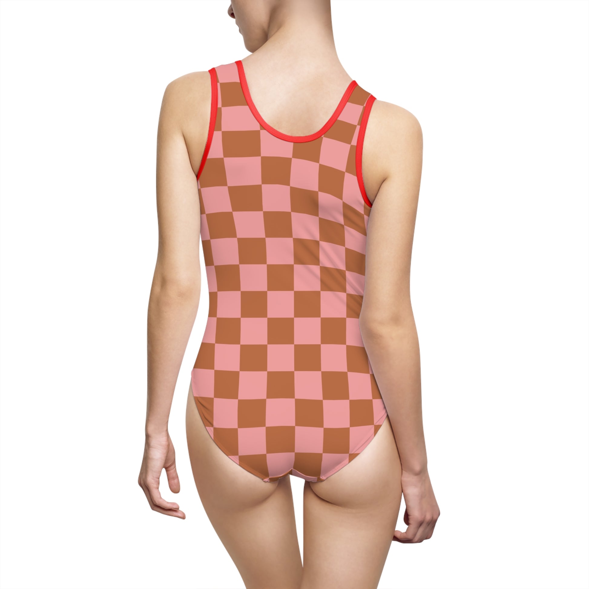 Chessboard Pink and Brown Women's Classic One-Piece Swimsuit (AOP), Artsulli - Art is Long, Life is Short, All Over Prints, , , , , , , 