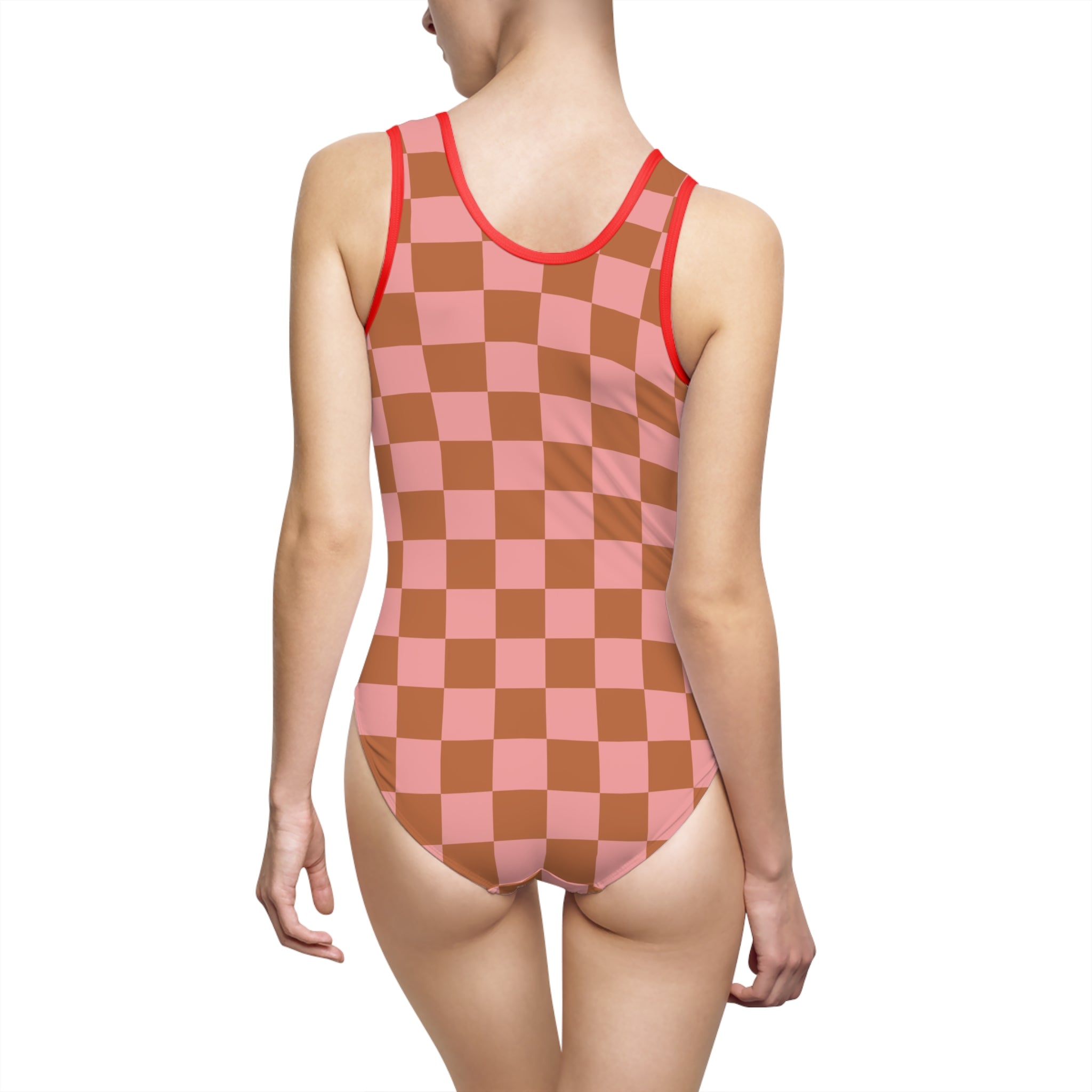 Chessboard Pink and Brown Women's Classic One-Piece Swimsuit (AOP), Artsulli - Art is Long, Life is Short, All Over Prints, , , , , , , 