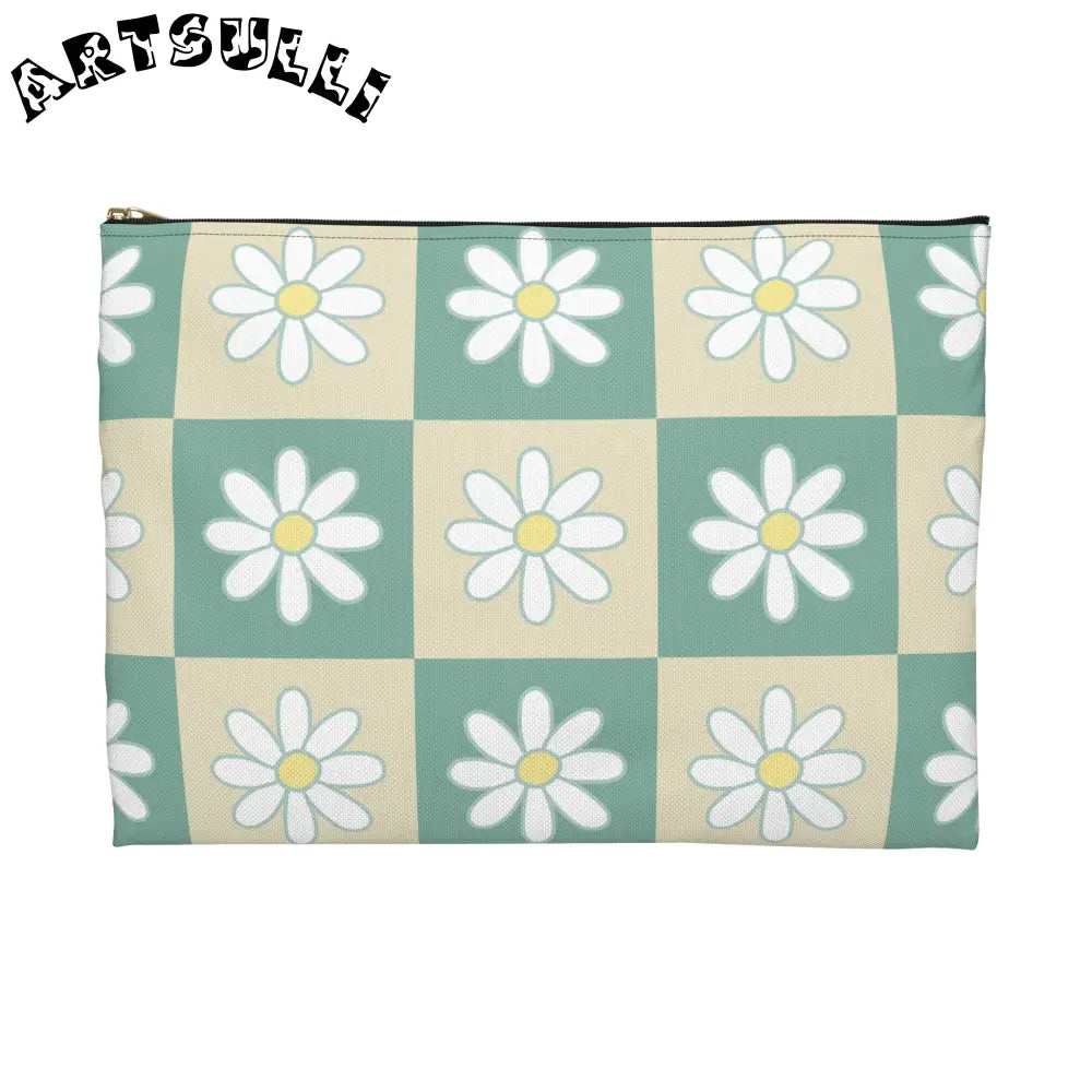 JAKKOUTTHEBXX Retro Daisy Checkerboard Green and Tan Accessory Pouch