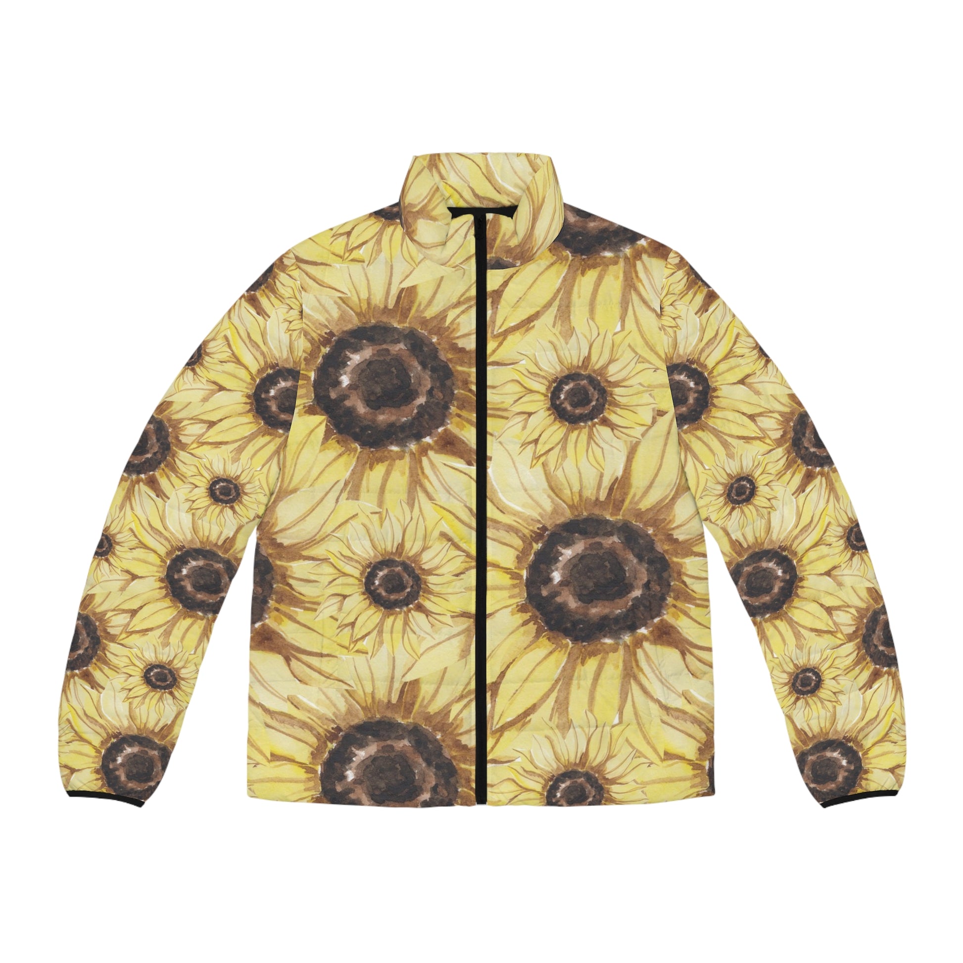 Retro Anime Sunflower Men's Puffer Jacket (AOP), Artsulli - Art is Long, Life is Short, All Over Prints, Size, S, Color, Black zipper, , , 64221855690959796468