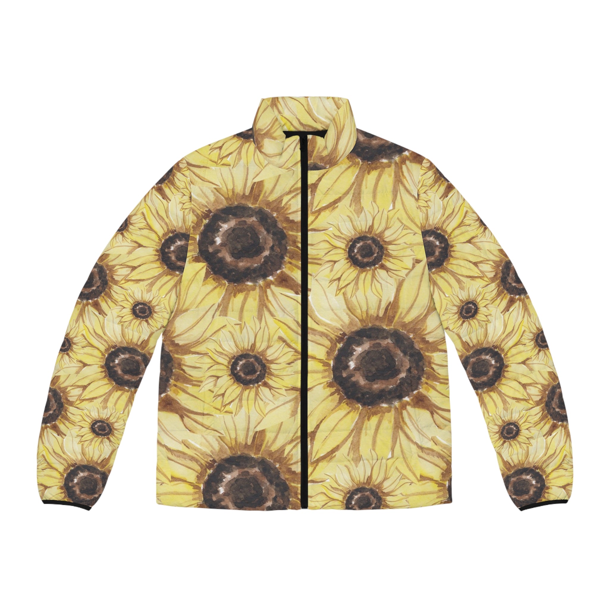 Retro Anime Sunflower Men's Puffer Jacket (AOP), Artsulli - Art is Long, Life is Short, All Over Prints, Size, S, Color, Black zipper, , , 64221855690959796468