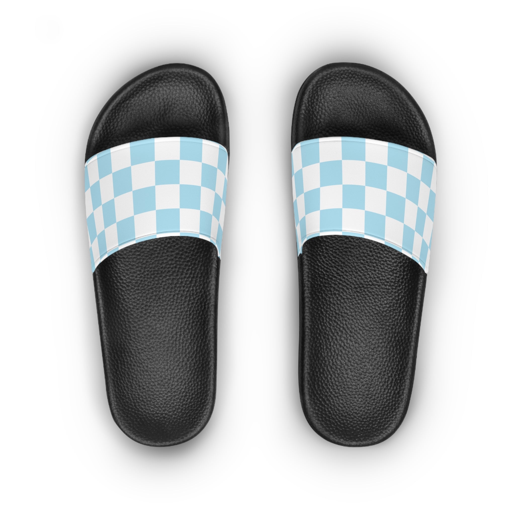 Checkerboard Sky Blue Women's Slide Sandals, Artsulli - Art is Long, Life is Short, Shoes, , , , , , , 