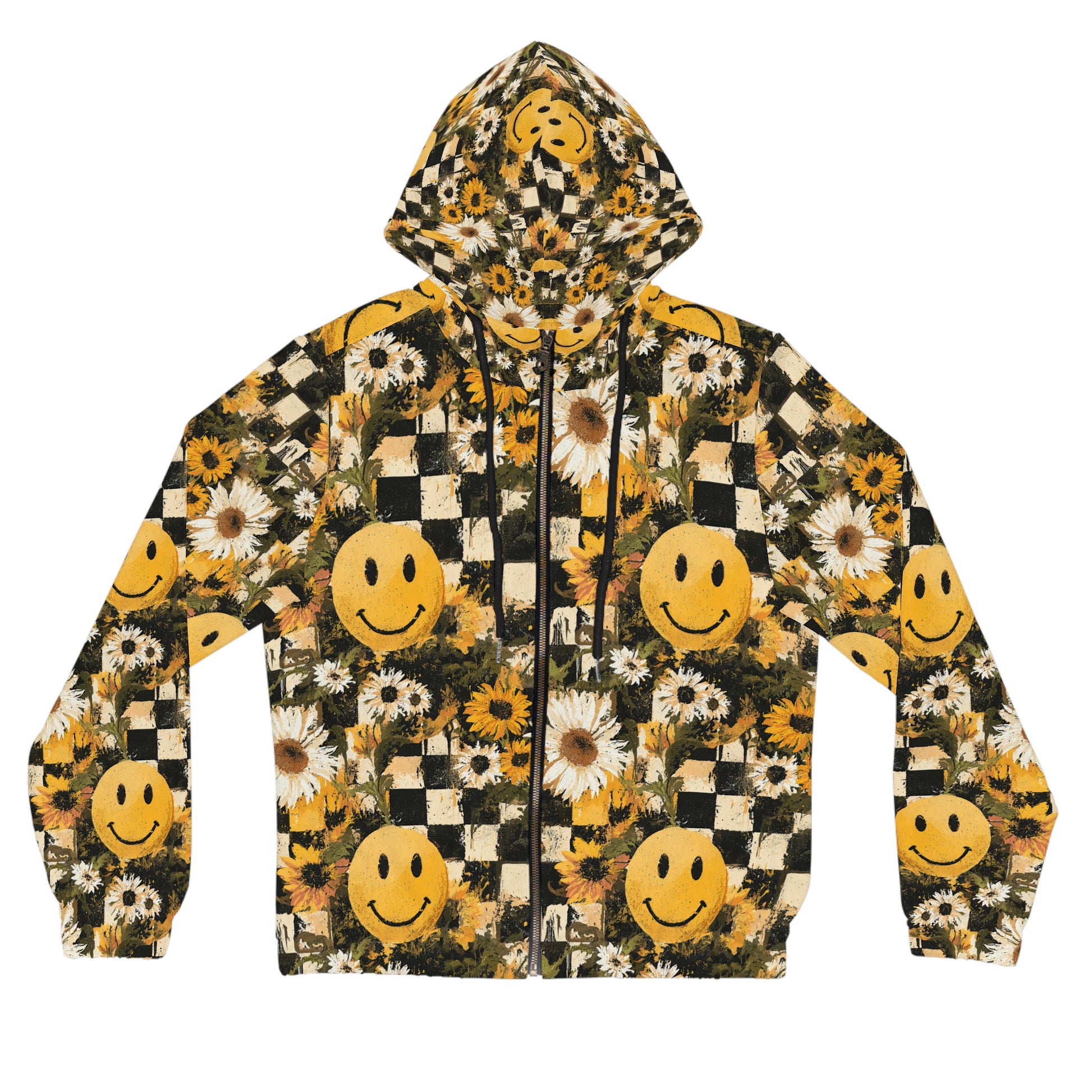 Smiley Face x Checkerboard x Sunflowers x Trippy x Vintage Black and Yellow Women’s Full-Zip Hoodie (AOP), Artsulli - Art is Long, Life is Short, All Over Prints, Size, XS, Color, Black, , , 31682064491301777097