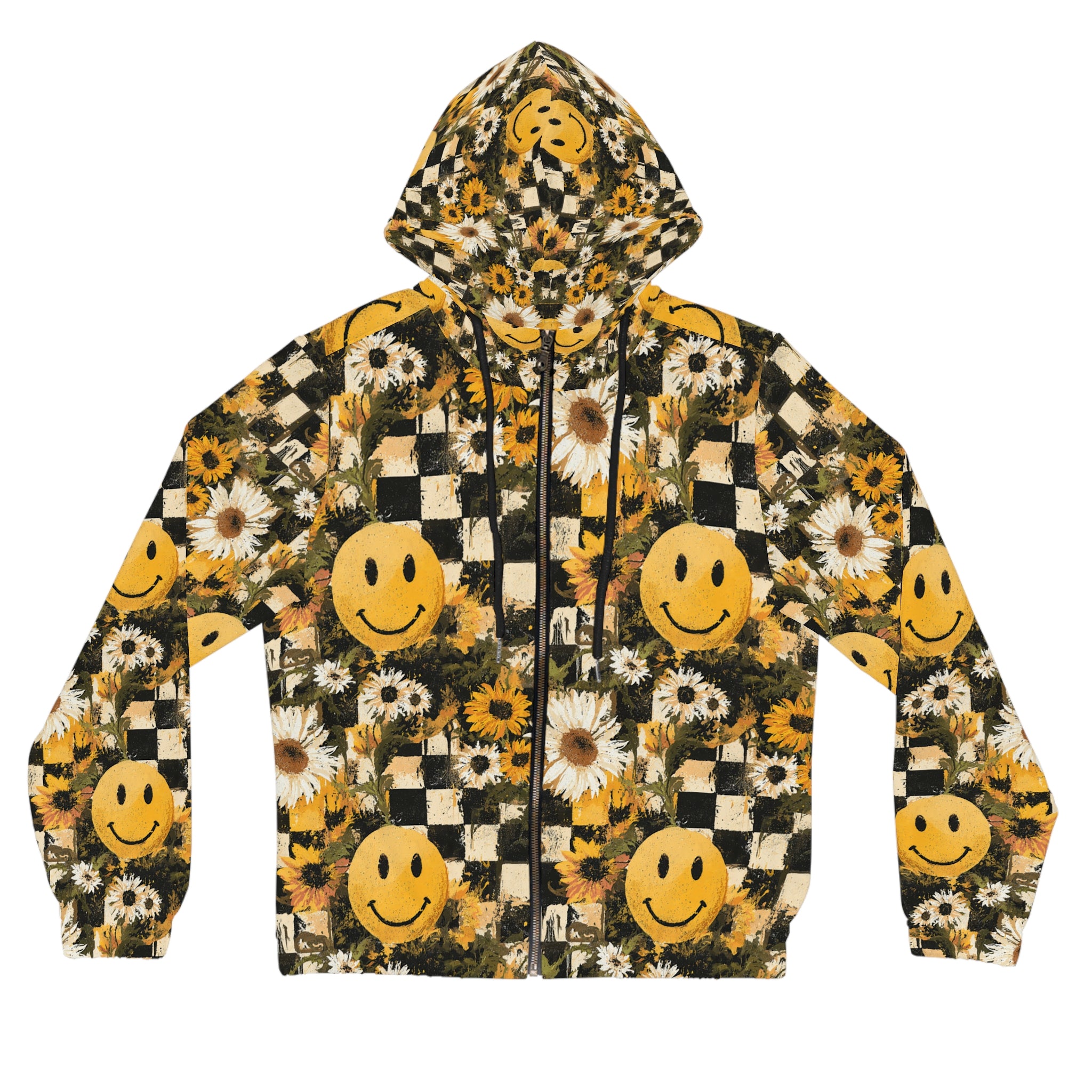 Smiley Face x Checkerboard x Sunflowers x Trippy x Vintage Black and Yellow Women’s Full-Zip Hoodie (AOP), Artsulli - Art is Long, Life is Short, All Over Prints, Size, XS, Color, Black, , , 31682064491301777097