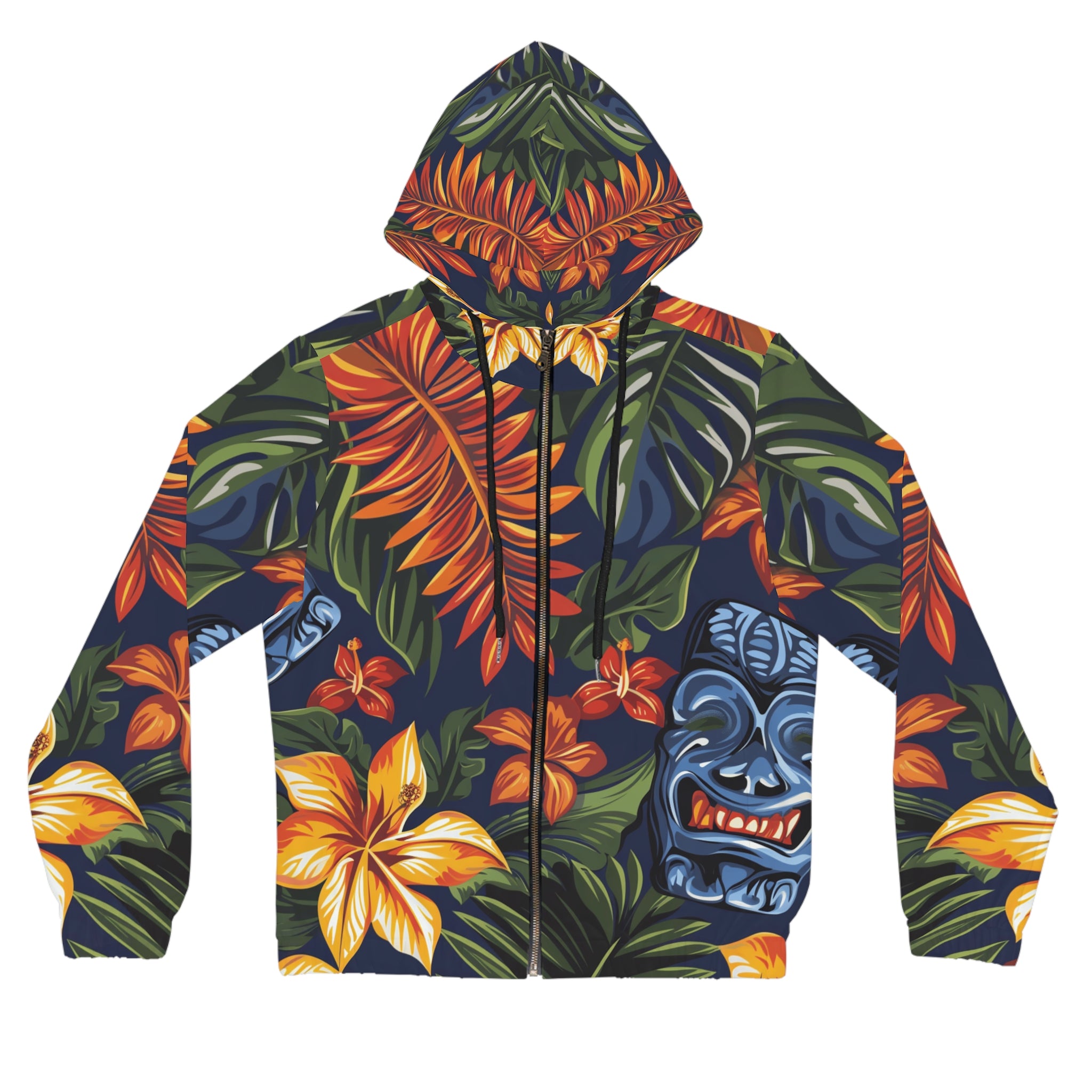 Tiki Bloom Navy Women’s Full-Zip Hoodie (AOP), Artsulli - Art is Long, Life is Short, All Over Prints, Size, XS, Color, Black, , , 95488698390818190584