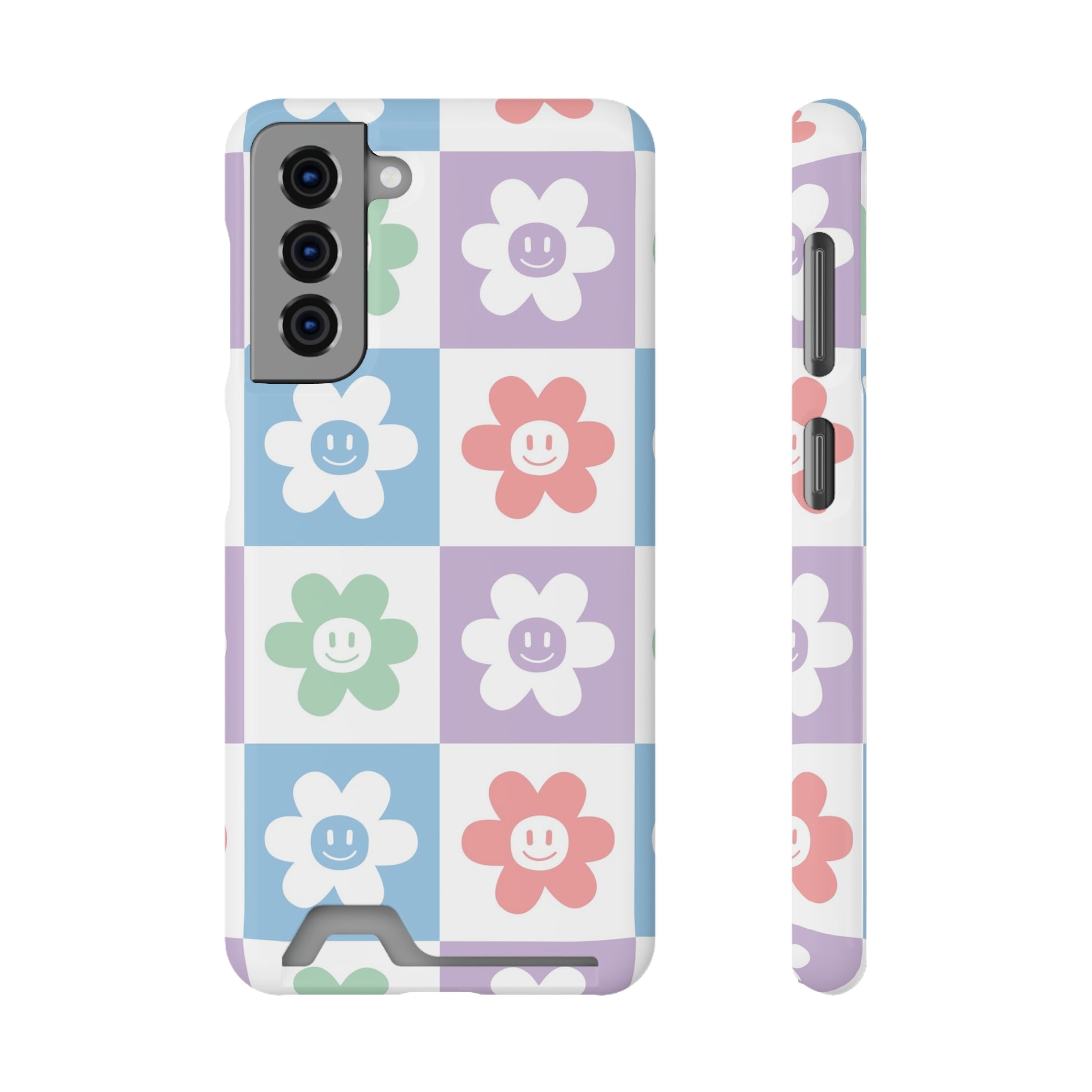 Chessboard x Smiley Face Flowers Multi-Color Phone Case With Card Holder, Artsulli - Art is Long, Life is Short, Phone Case, Size, Samsung Galaxy S21, Surface, Glossy, Shape, Without gift packaging, 10896604351384028916