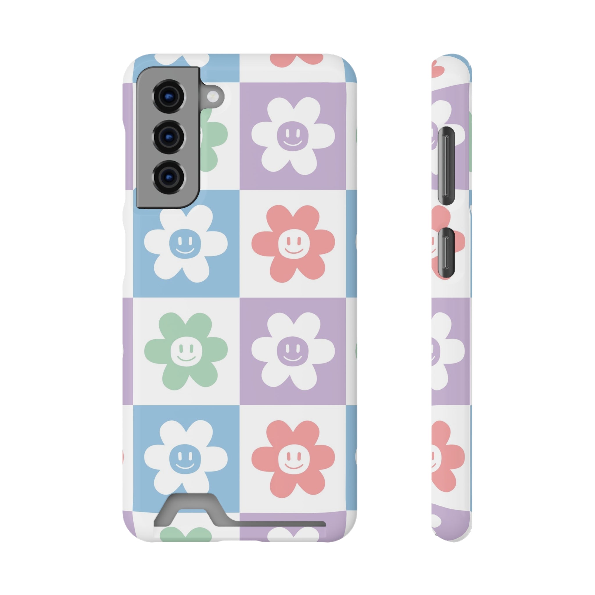 Chessboard x Smiley Face Flowers Multi-Color Phone Case With Card Holder, Artsulli - Art is Long, Life is Short, Phone Case, Size, Samsung Galaxy S21, Surface, Glossy, Shape, Without gift packaging, 10896604351384028916