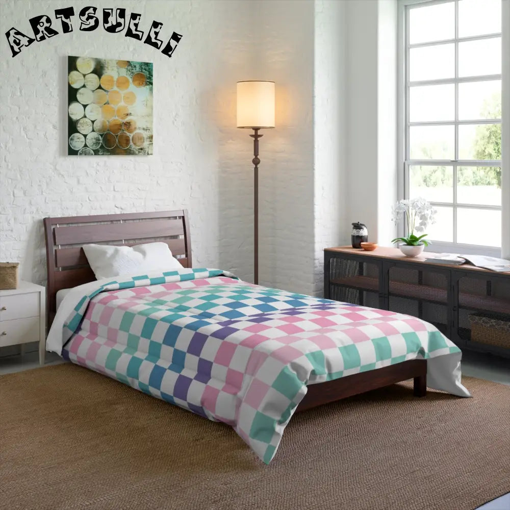 JAKKOUTTHEBXX Vaporwave Rainbow Checkerboard Multi-Color Comforter
