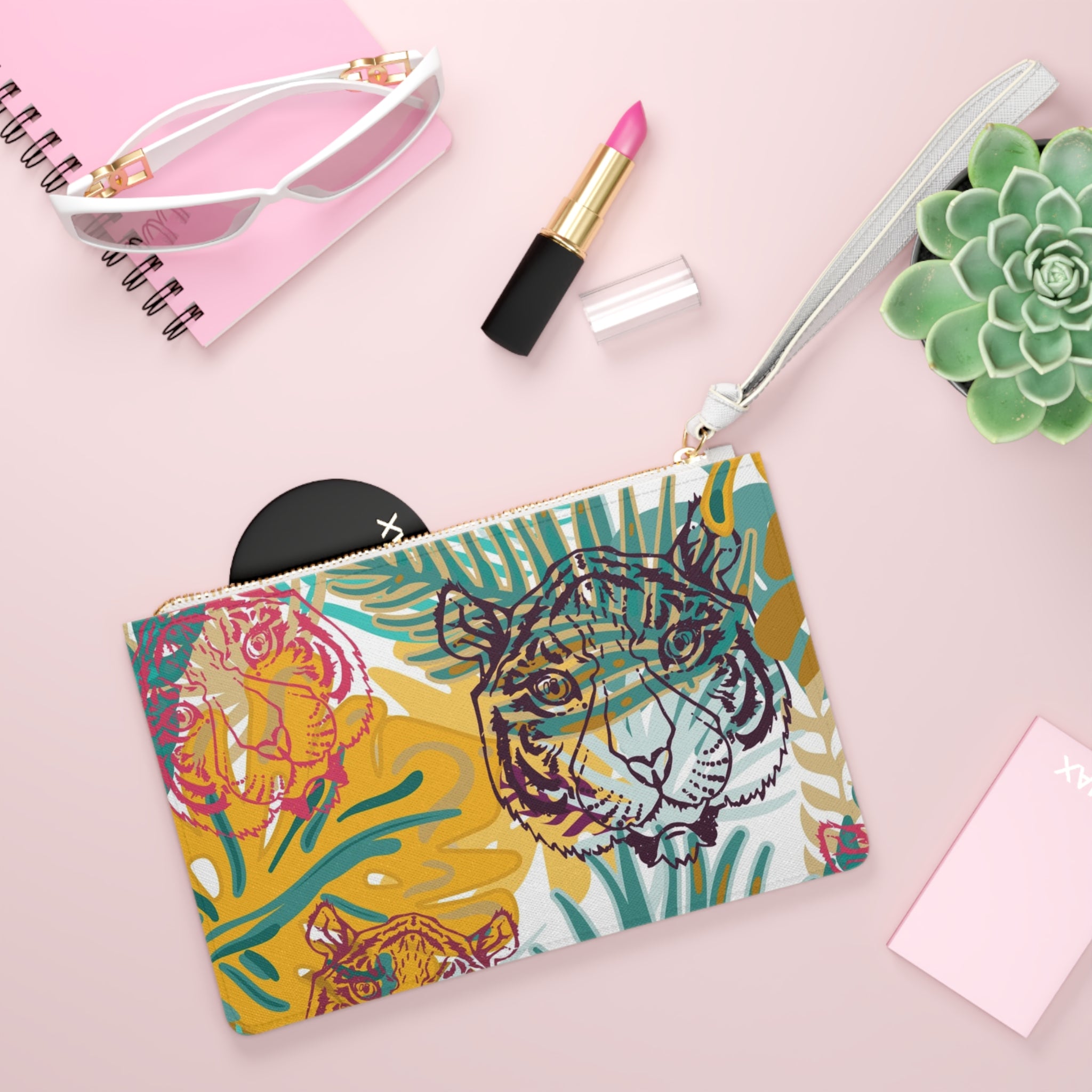 Tropical Jungle Tigers Brown and Green Clutch Bag, Artsulli - Art is Long, Life is Short, Bags, , , , , , , 