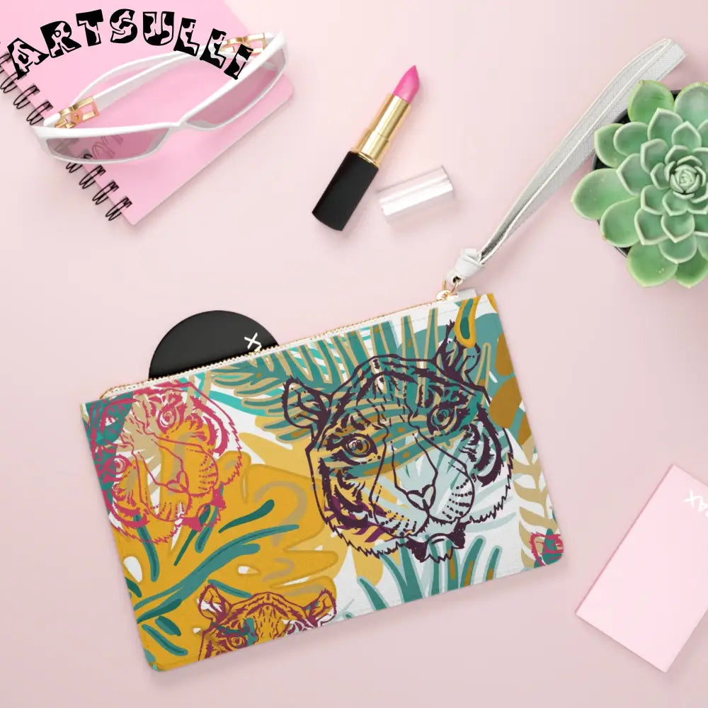 JAKKOUTTHEBXX Tropical Jungle Tigers Brown and Green Clutch Bag