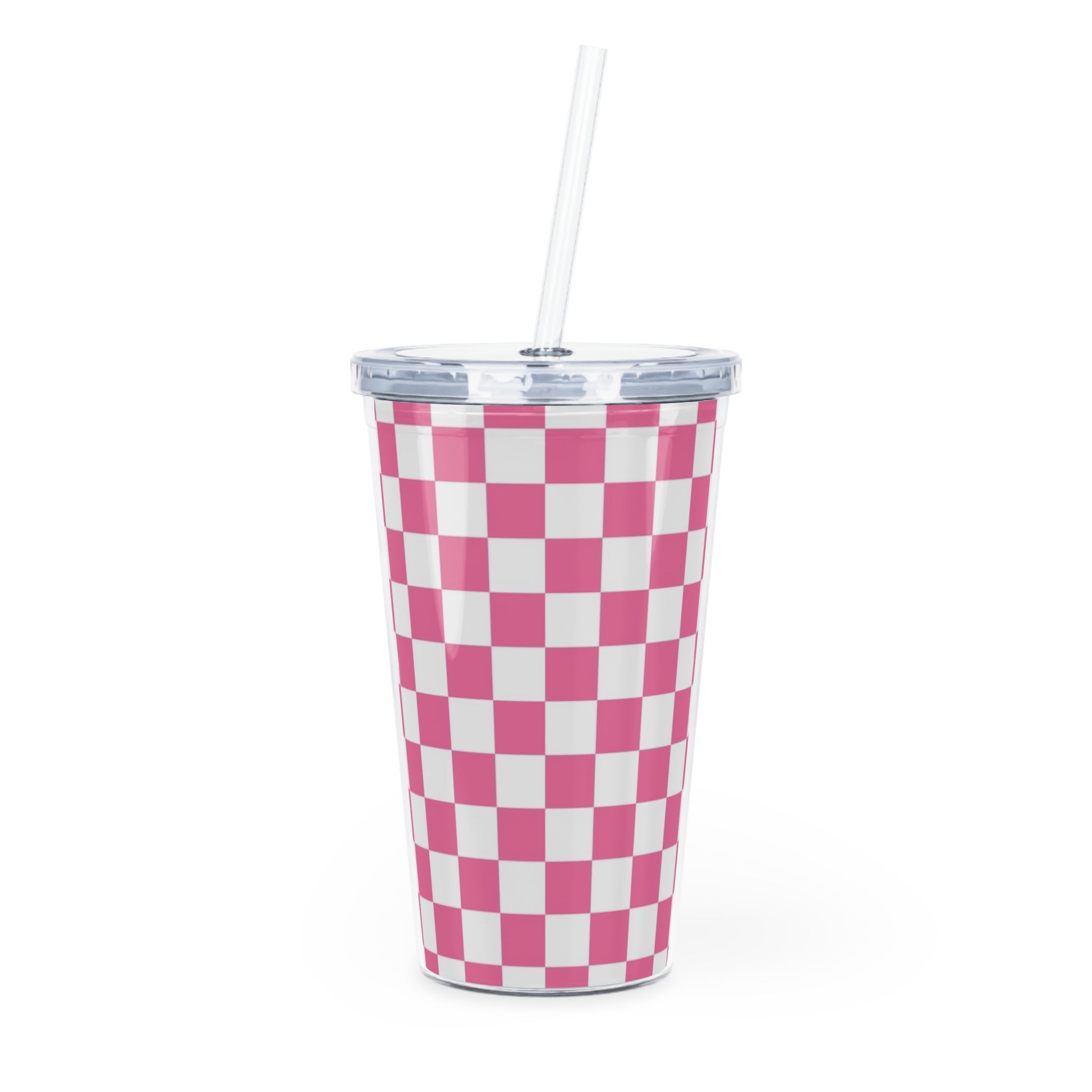 Yuyushiki Pink Check Plastic Tumbler with Straw, Artsulli - Art is Long, Life is Short, Mug, Size, 20oz, Color, Transparent, , , 85028887623930386181