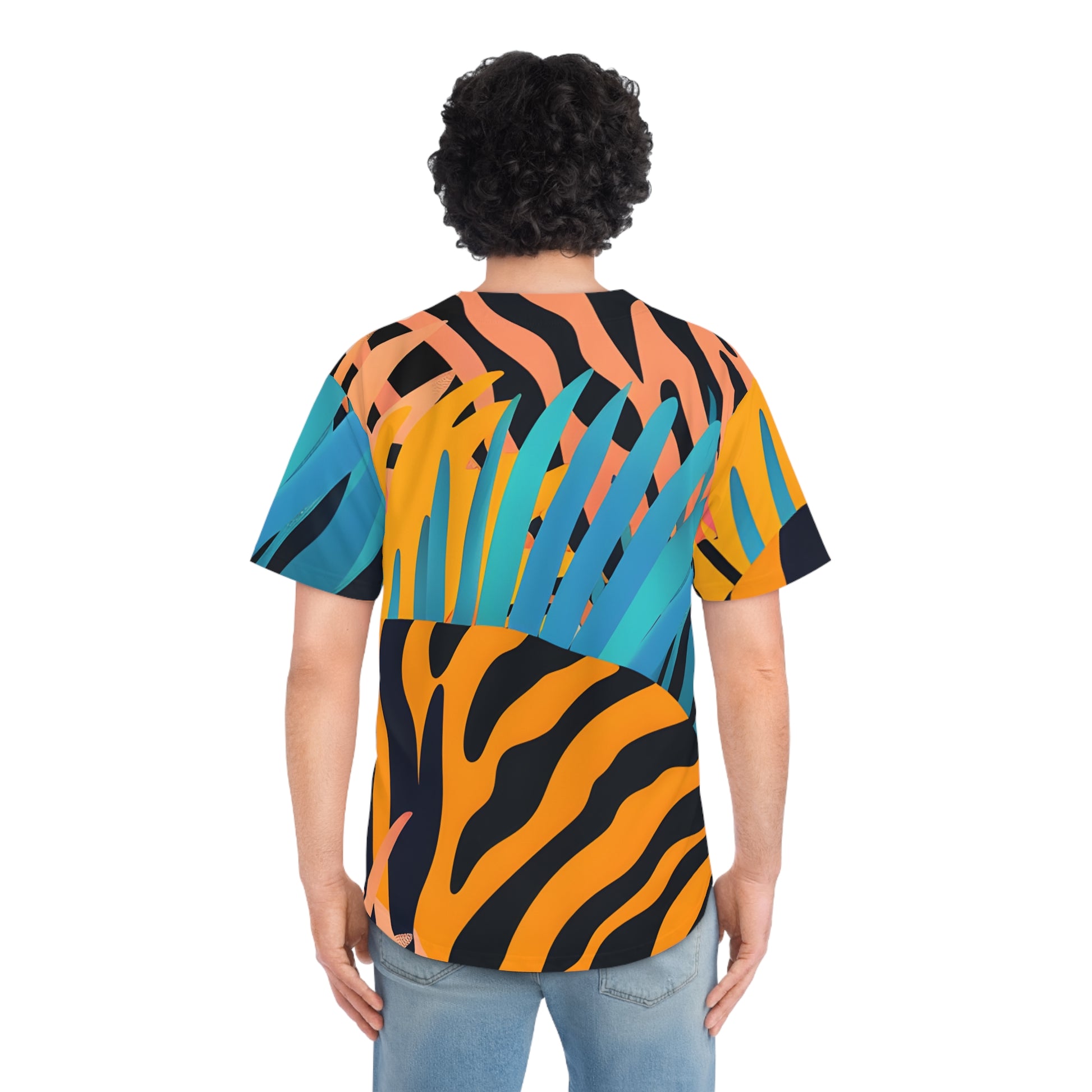 Palm Leaves x Zebra Stripes x Tiger Stripes Orange and Blue Men's Baseball Jersey (AOP), Artsulli - Art is Long, Life is Short, All Over Prints, , , , , , , 