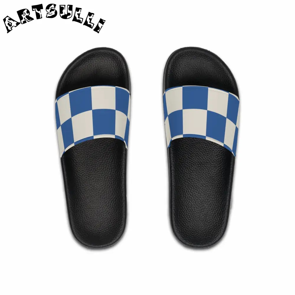 JAKKOUTTHEBXX Checkerboard Blue Men’s Slide Sandals JAKKOUTTHEBXX