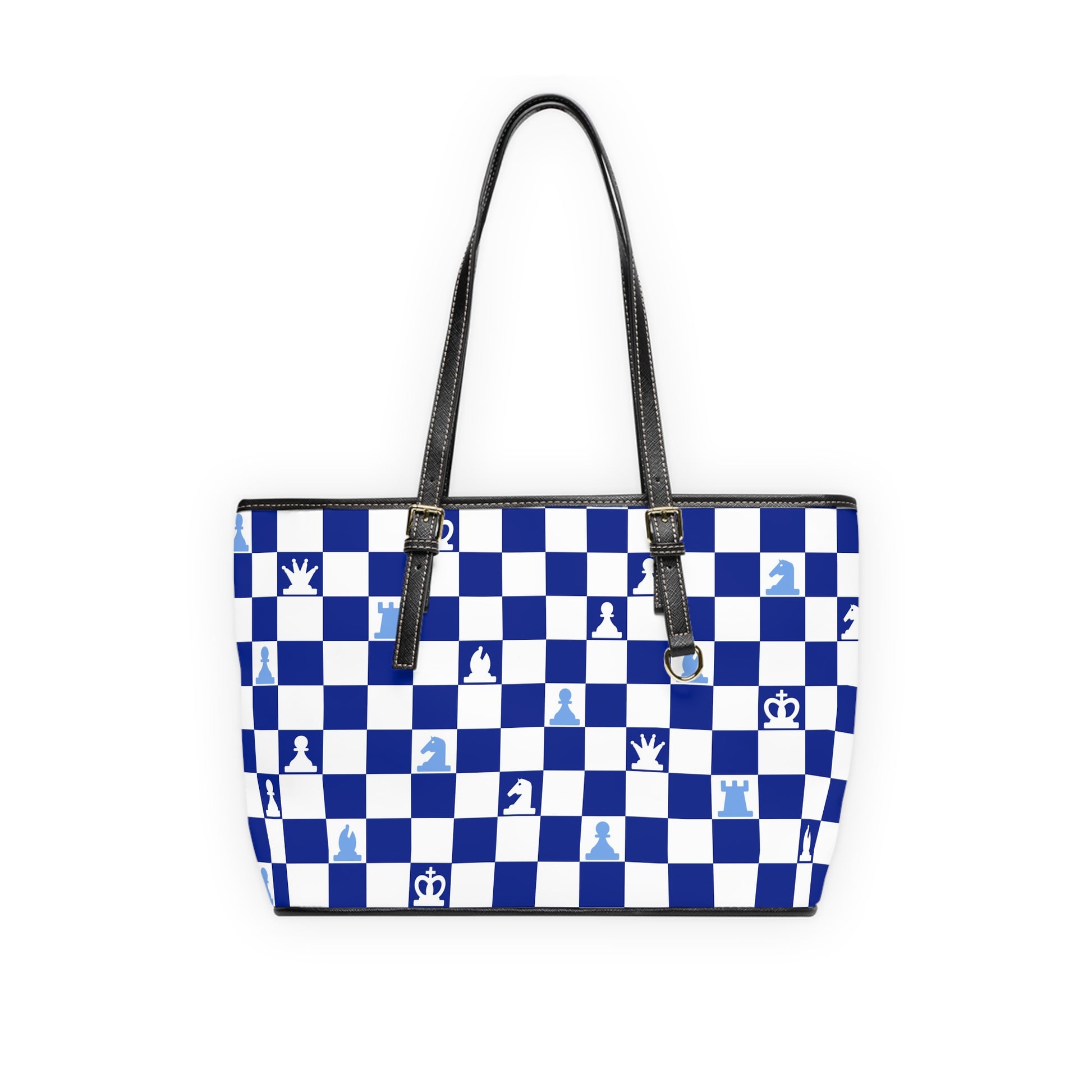 Chessboard Navy Blue PU Leather Shoulder Bag, Artsulli - Art is Long, Life is Short, Bags, Size, 16" x 10", Color, Black, , , 18460560034032839010