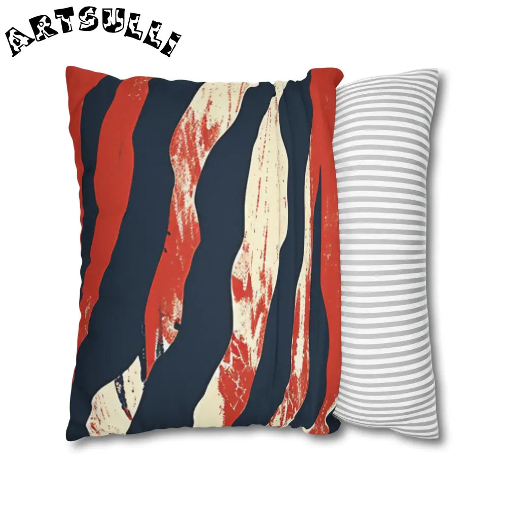 JAKKOUTTHEBXX Abstract Red White Navy Blue Wavy Stripe Square Pillow
