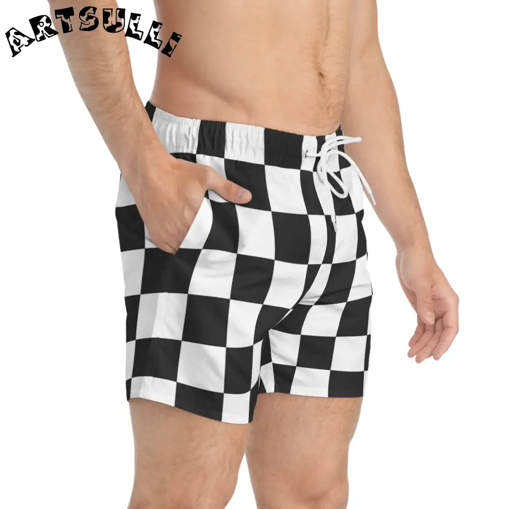 JAKKOUTTHEBXX Checkerboard White and Black Swim Trunks (AOP)