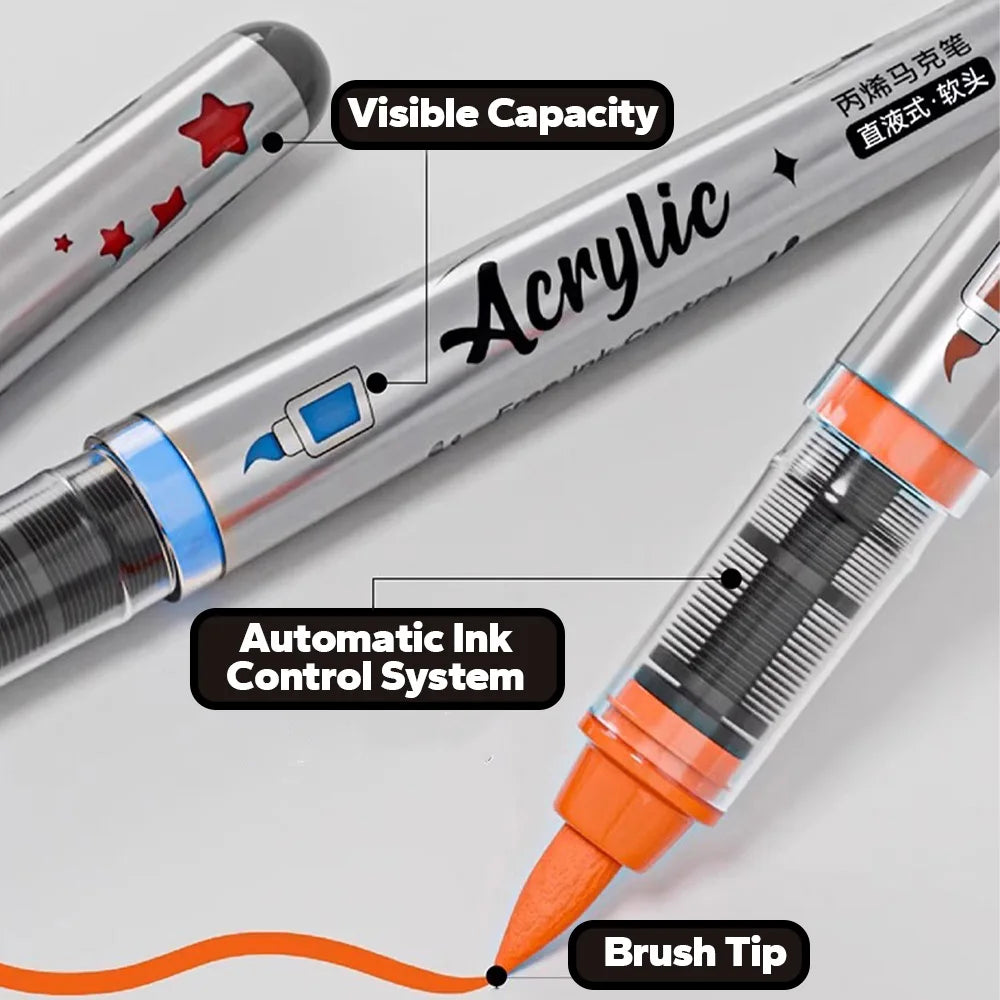 Acrylic Paint Markers ,12 pcs Brush Tip Acrylic Paint Pens Set with 9 Professional Color Series for DIY & Art Supplies