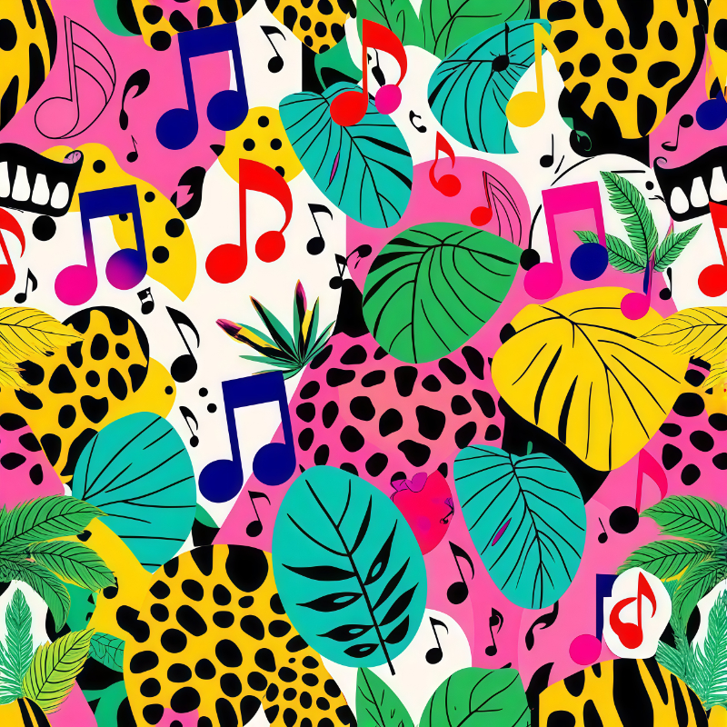 Colorful x Trendy x Animal Print x 90s Style x Type Beat Music Note Symbols x Tropical x Big Leaves x White x Yellow x Black x Pink x Green x Blue x Illustration Pattern (Free PNG Download), Artsulli - Art is Long, Life is Short, Illustration Pattern, , , , , , , 