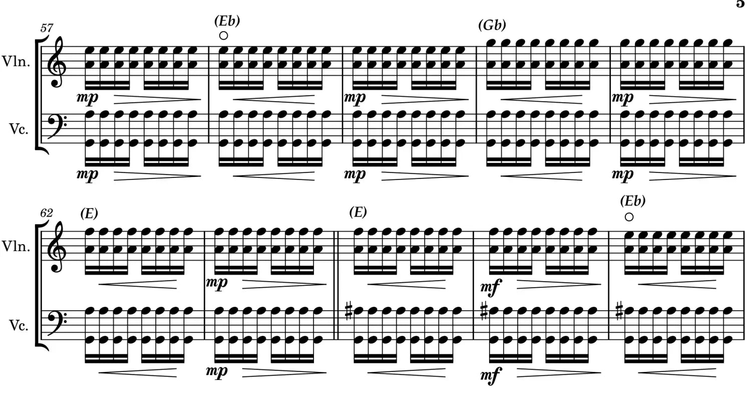 An excerpt from the score for Shi-An Costello's Diminishing 5ths, a composition for violin and violoncello duo