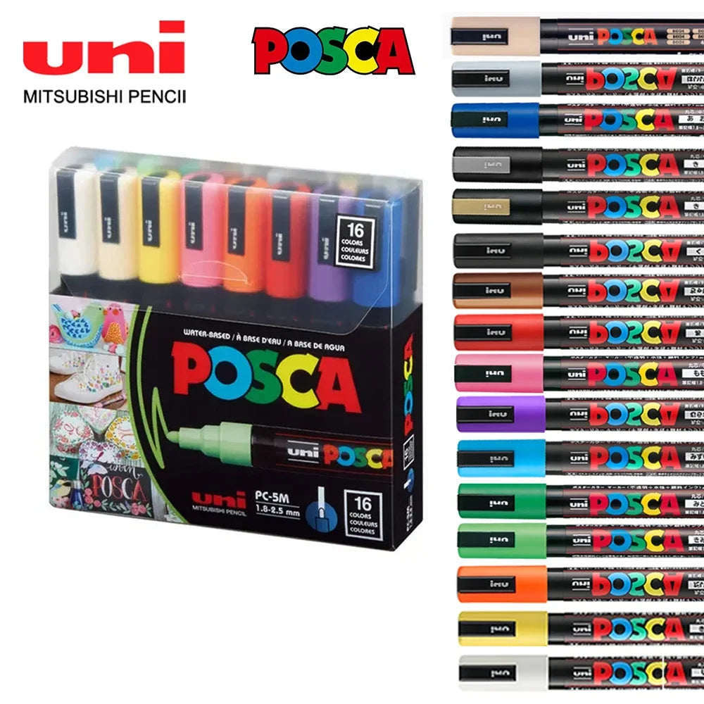 16pcs Japan UNI POSCA Markers Set Acrylic Graffiti Drawing Permanent Waterproof Children's Drawing PC-3M/1M/5M Art Supplies