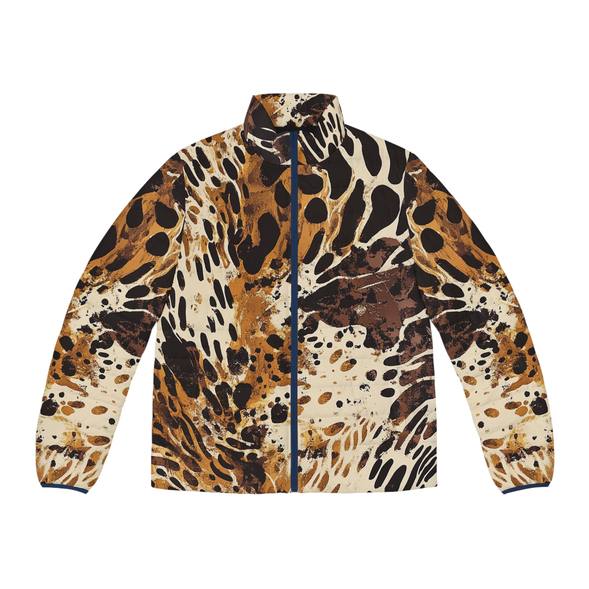 Abstract Animal Print Puffer Jacket, Artsulli - Art is Long, Life is Short, All Over Prints, Size, S, Color, Dark blue zipper, , , 13418338673503766006