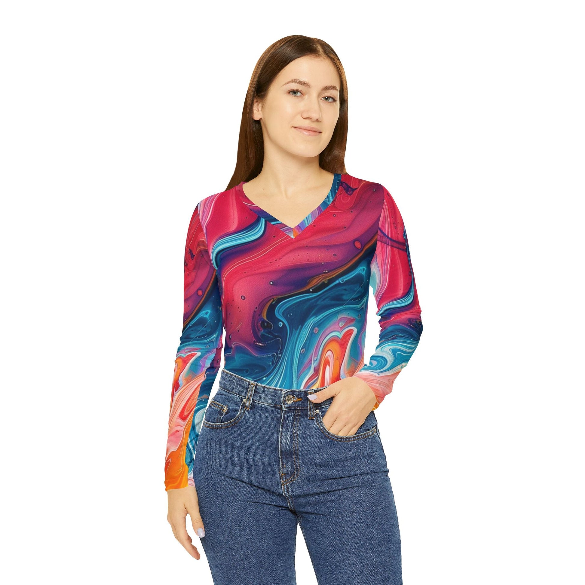Abstract Marble V-Neck Long Sleeve Top, Artsulli - Art is Long, Life is Short, All Over Prints, , , , , , , 