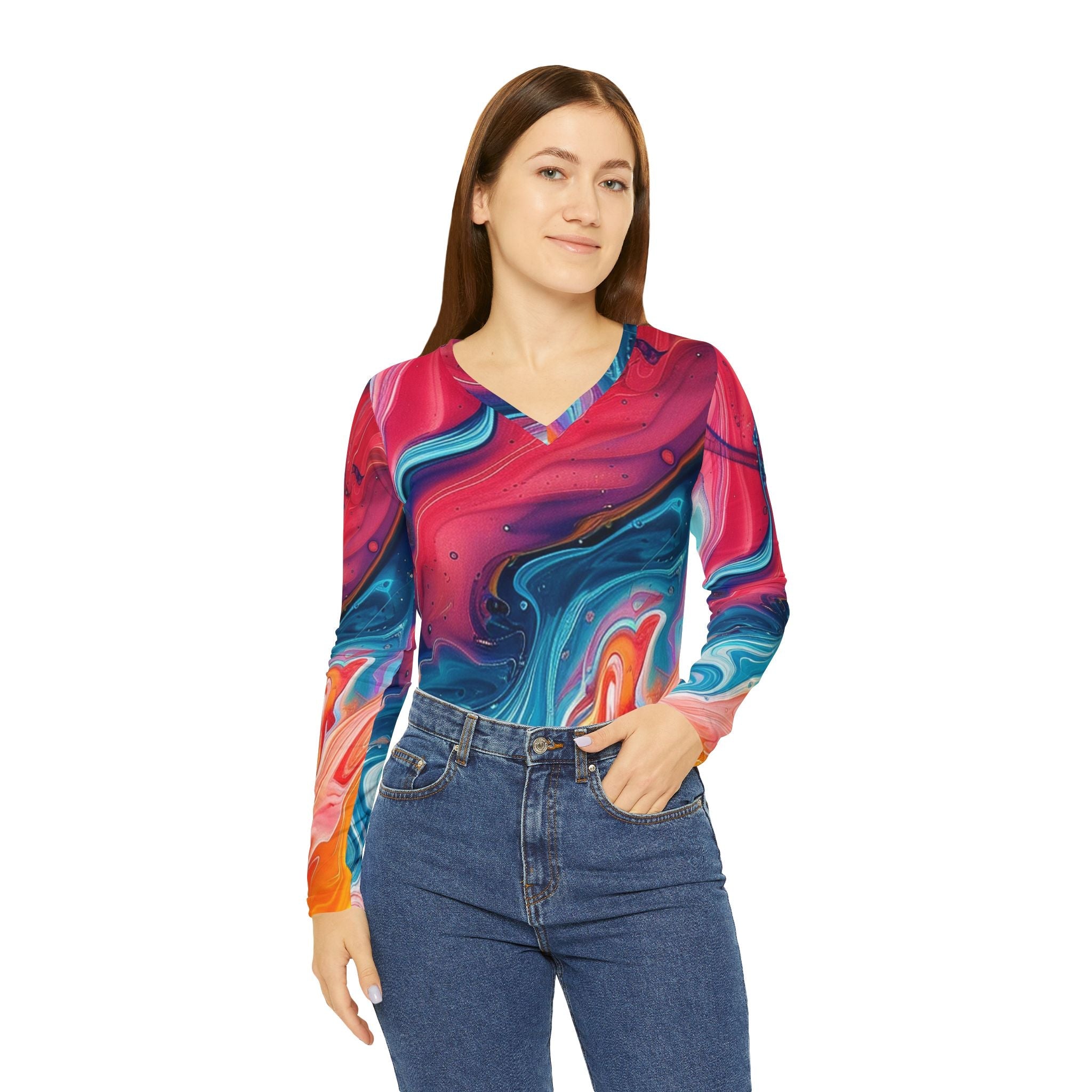 Abstract Marble V-Neck Long Sleeve Top, Artsulli - Art is Long, Life is Short, All Over Prints, , , , , , , 