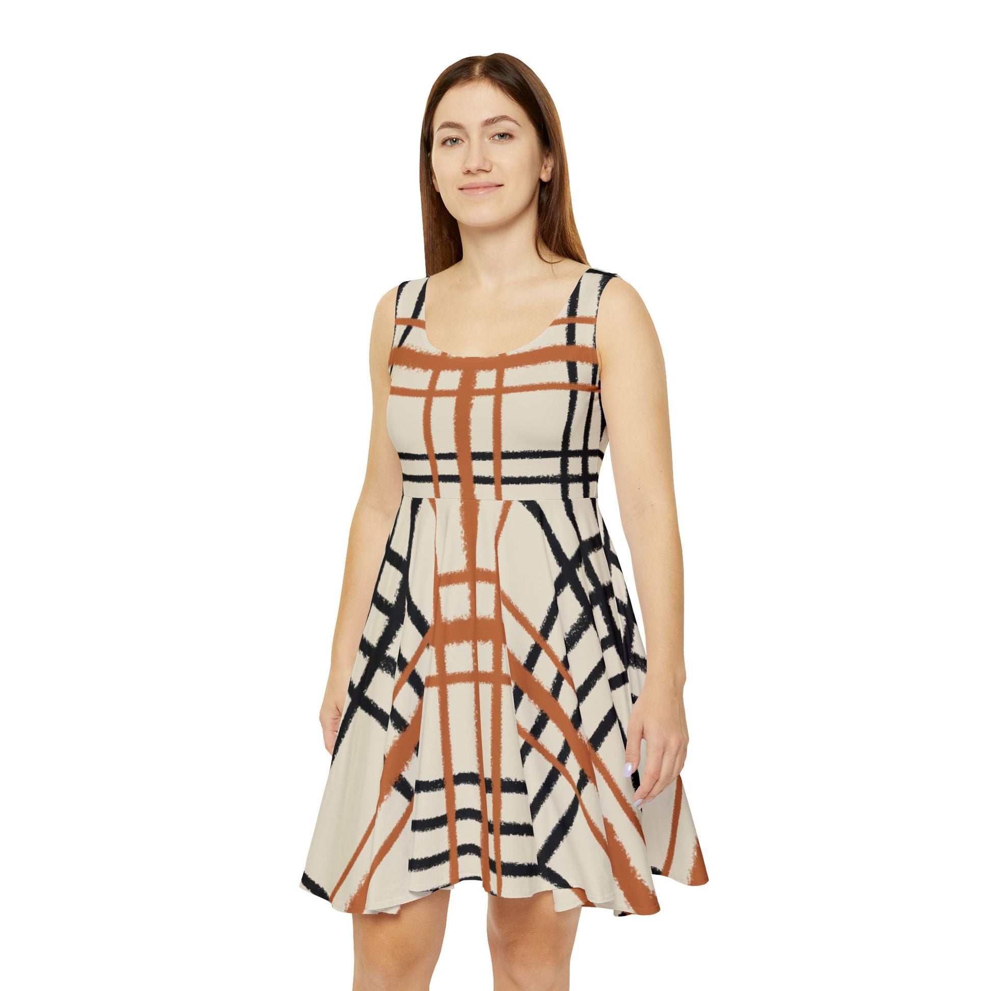Abstract Plaid Sleeveless Skater Dress, Artsulli - Art is Long, Life is Short, All Over Prints, , , , , , , 