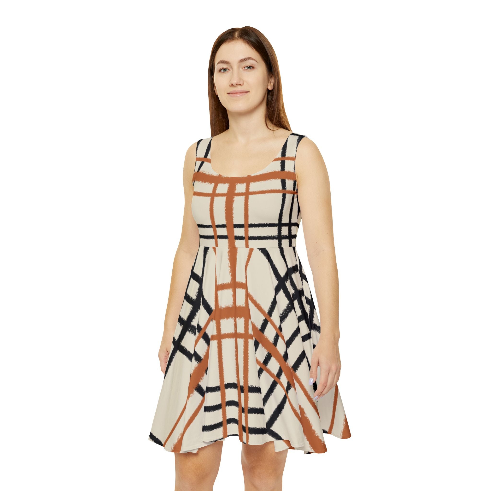 Abstract Plaid Sleeveless Skater Dress, Artsulli - Art is Long, Life is Short, All Over Prints, , , , , , , 