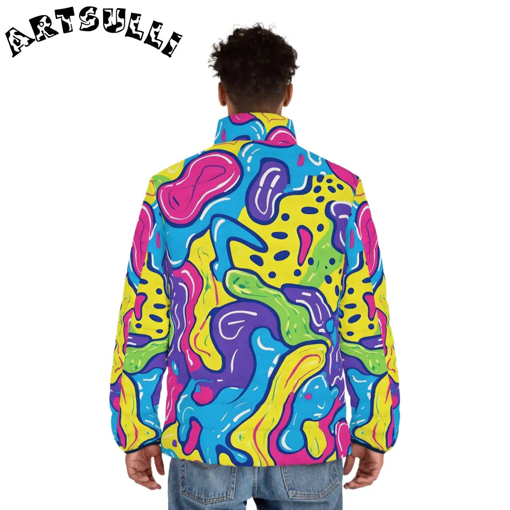 Abstract Print Quilted Puffer Jacket, Artsulli - Art is Long, Life is Short, All Over Prints, , , , , , , 