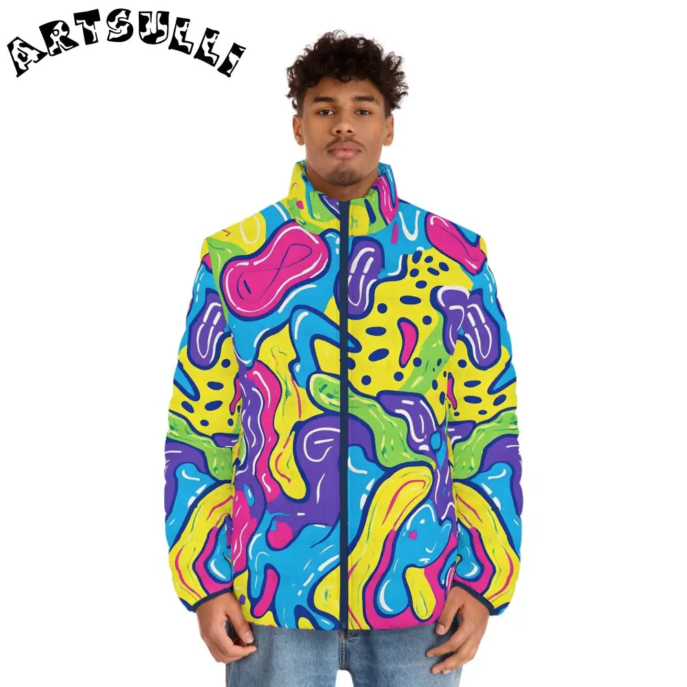 Abstract Print Quilted Puffer Jacket, Artsulli - Art is Long, Life is Short, All Over Prints, , , , , , , 