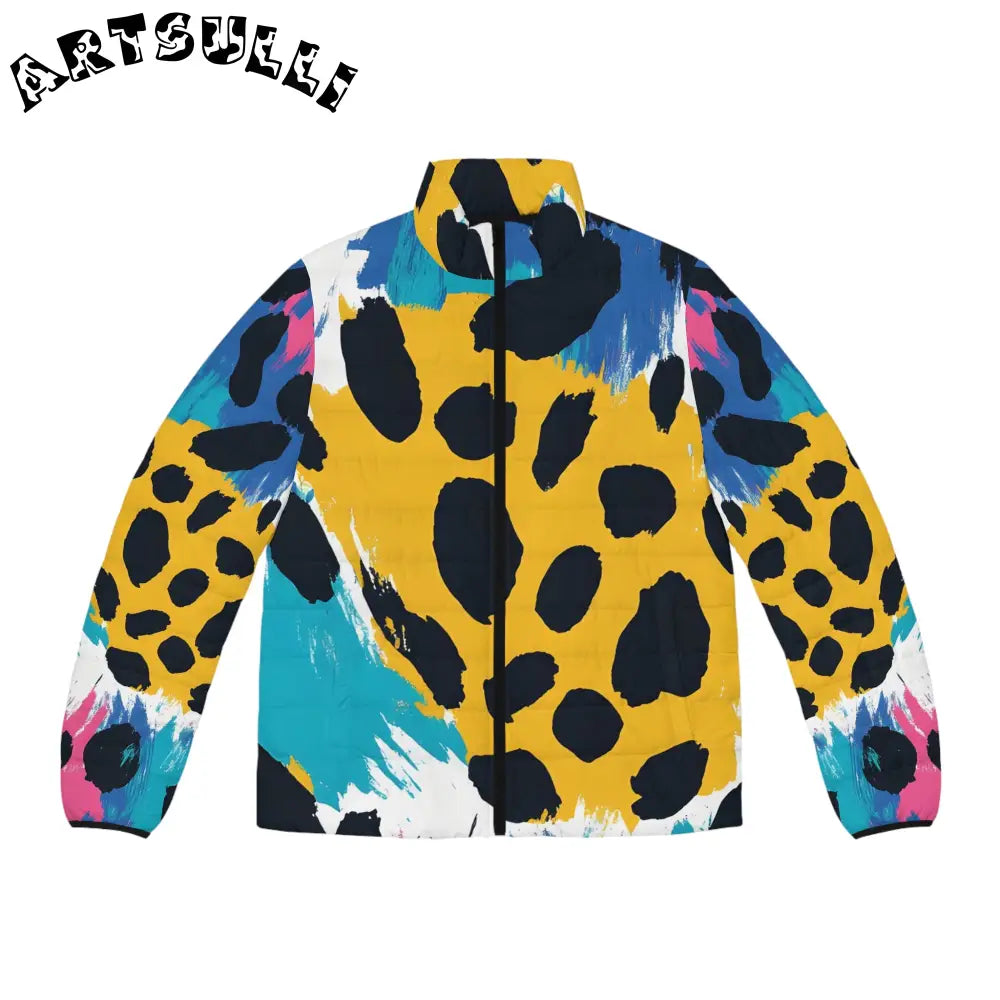 Abstract Print x Paint Puffer Jacket, Artsulli - Art is Long, Life is Short, All Over Prints, Size, S, Color, Black zipper, , , 29357102067765627766