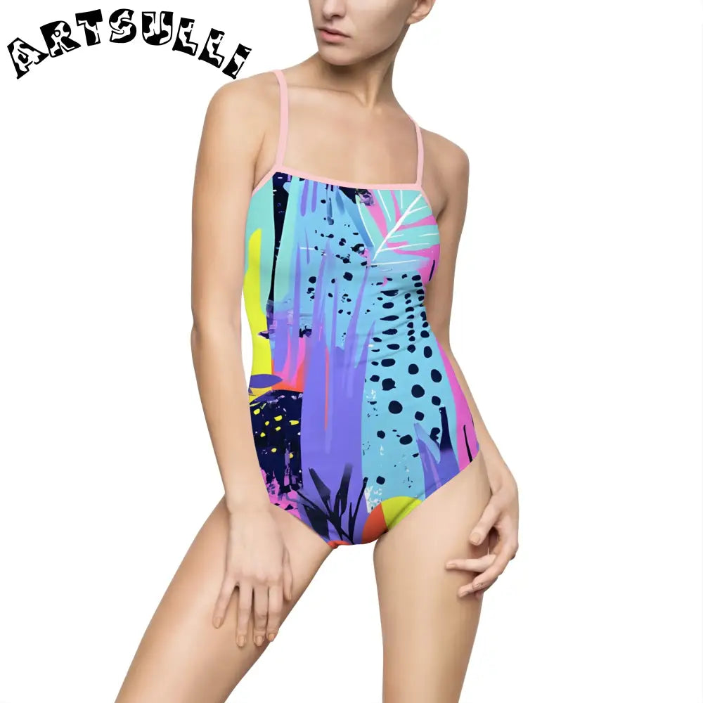 Abstract Tropical Illustrations Printed One-Piece Swimsuit, Artsulli - Art is Long, Life is Short, All Over Prints, Size, XS, Color, Light Pink, , , 84581650455992924259