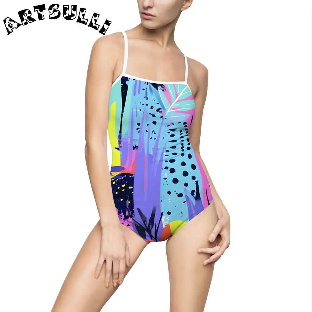 Abstract Tropical Illustrations Printed One-Piece Swimsuit, Artsulli - Art is Long, Life is Short, All Over Prints, Size, XS, Color, White, , , 71452307857825080807