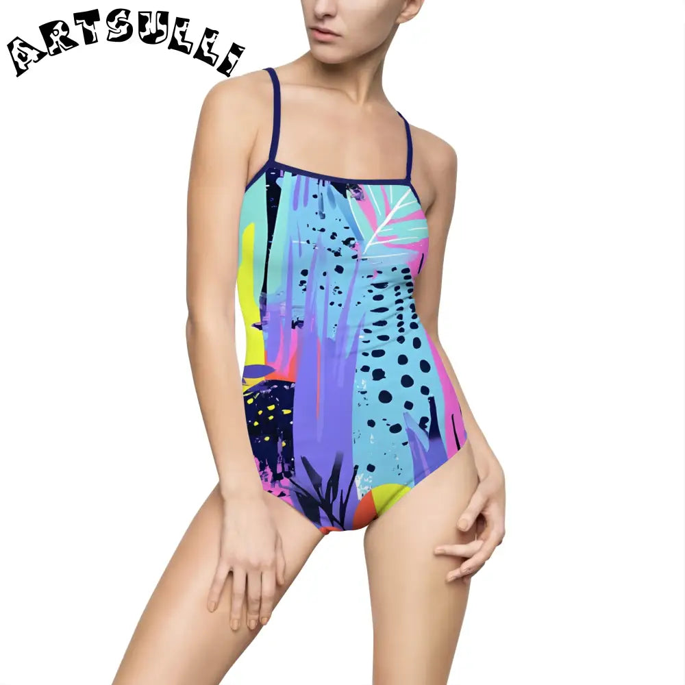 Abstract Tropical Illustrations Printed One-Piece Swimsuit, Artsulli - Art is Long, Life is Short, All Over Prints, Size, XS, Color, Navy, , , 29724114334027049944