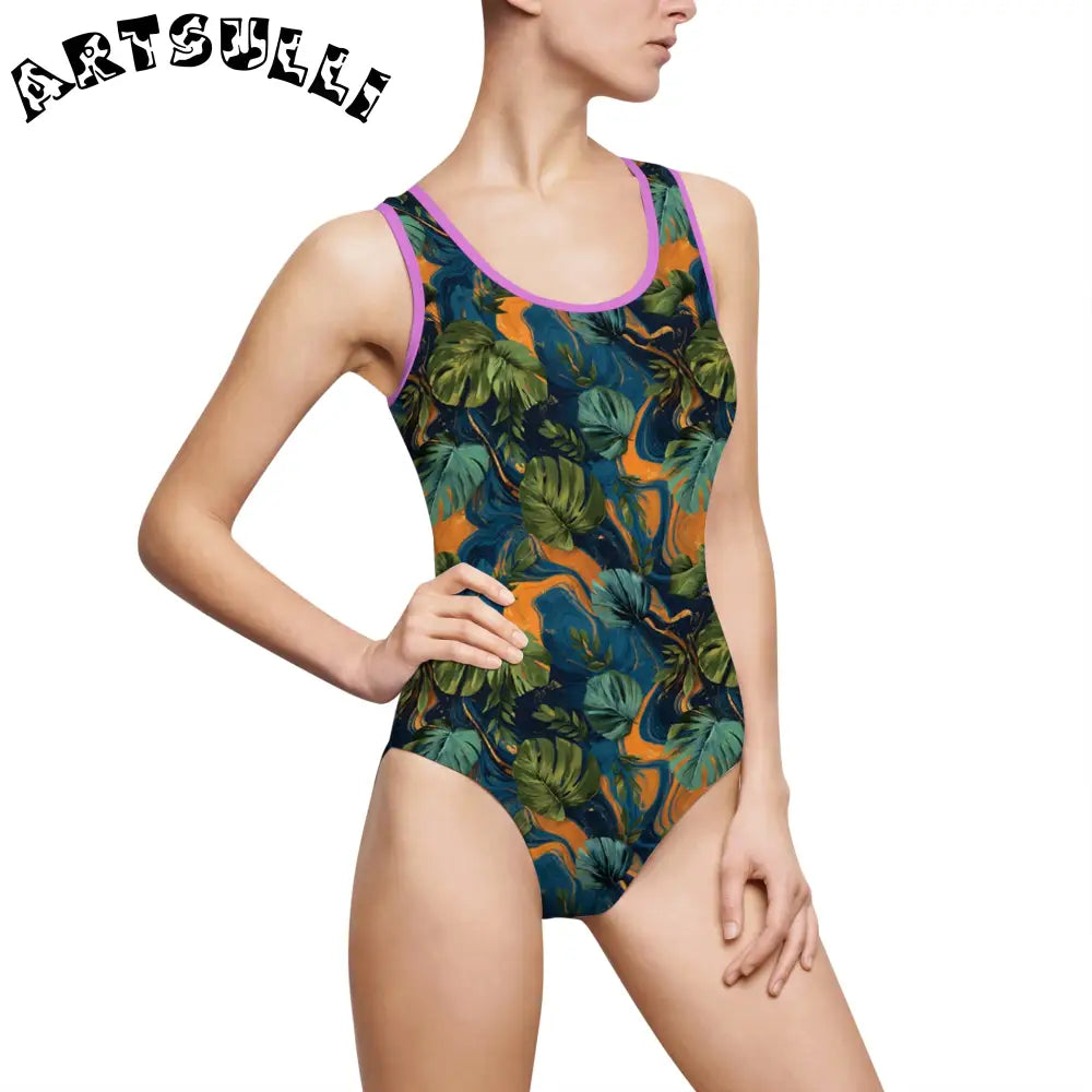 Abstract Tropical Leaf One Piece Swimsuit, Artsulli - Art is Long, Life is Short, All Over Prints, Size, XS, Color, Purple, , , 21103155872086171326