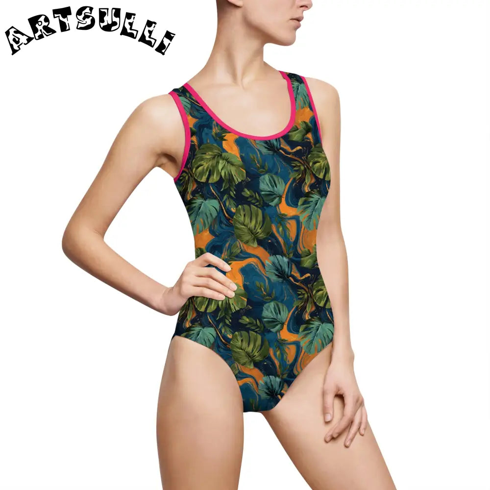 Abstract Tropical Leaf One Piece Swimsuit, Artsulli - Art is Long, Life is Short, All Over Prints, Size, XS, Color, Pink, , , 20702781138299995469