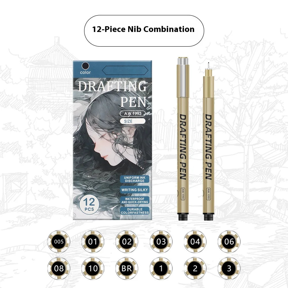 1/6/9/12 Pcs Manga Black Fineliner Marlers Various Pen Nibs For Sketch Architectural Drawing Comic Painting Art School Supplies
