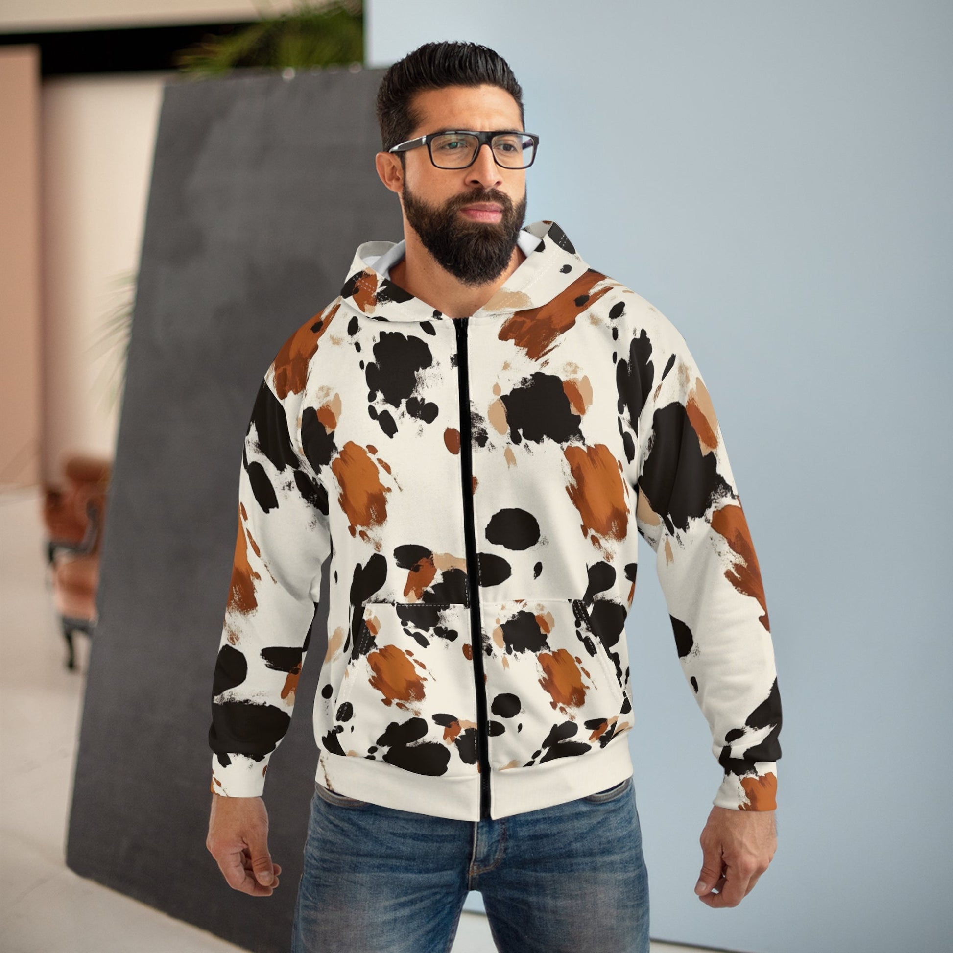 All Over Brown Cow Print Zip Hoodie, Artsulli - Art is Long, Life is Short, All Over Prints, , , , , , , 