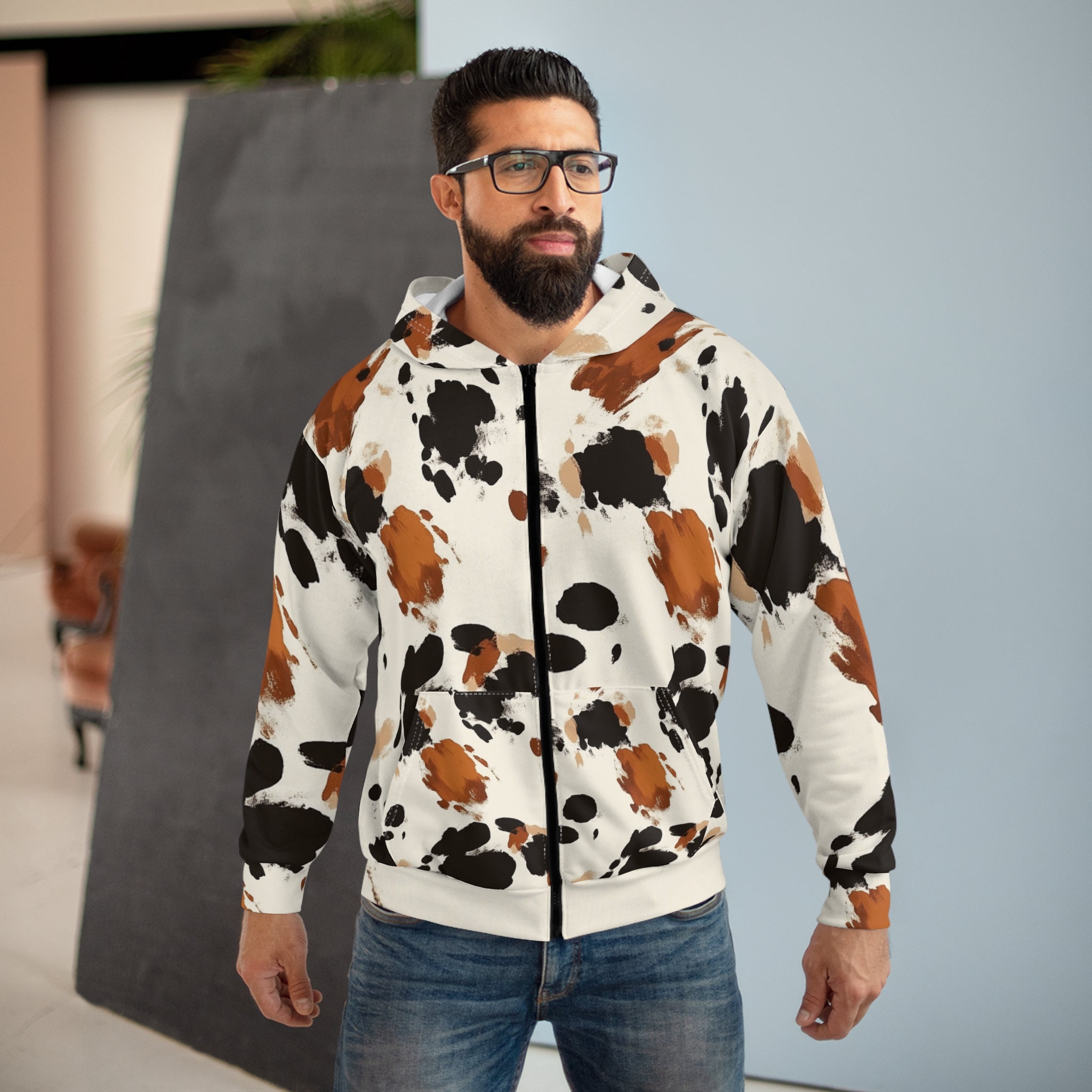 All Over Brown Cow Print Zip Hoodie, Artsulli - Art is Long, Life is Short, All Over Prints, , , , , , , 