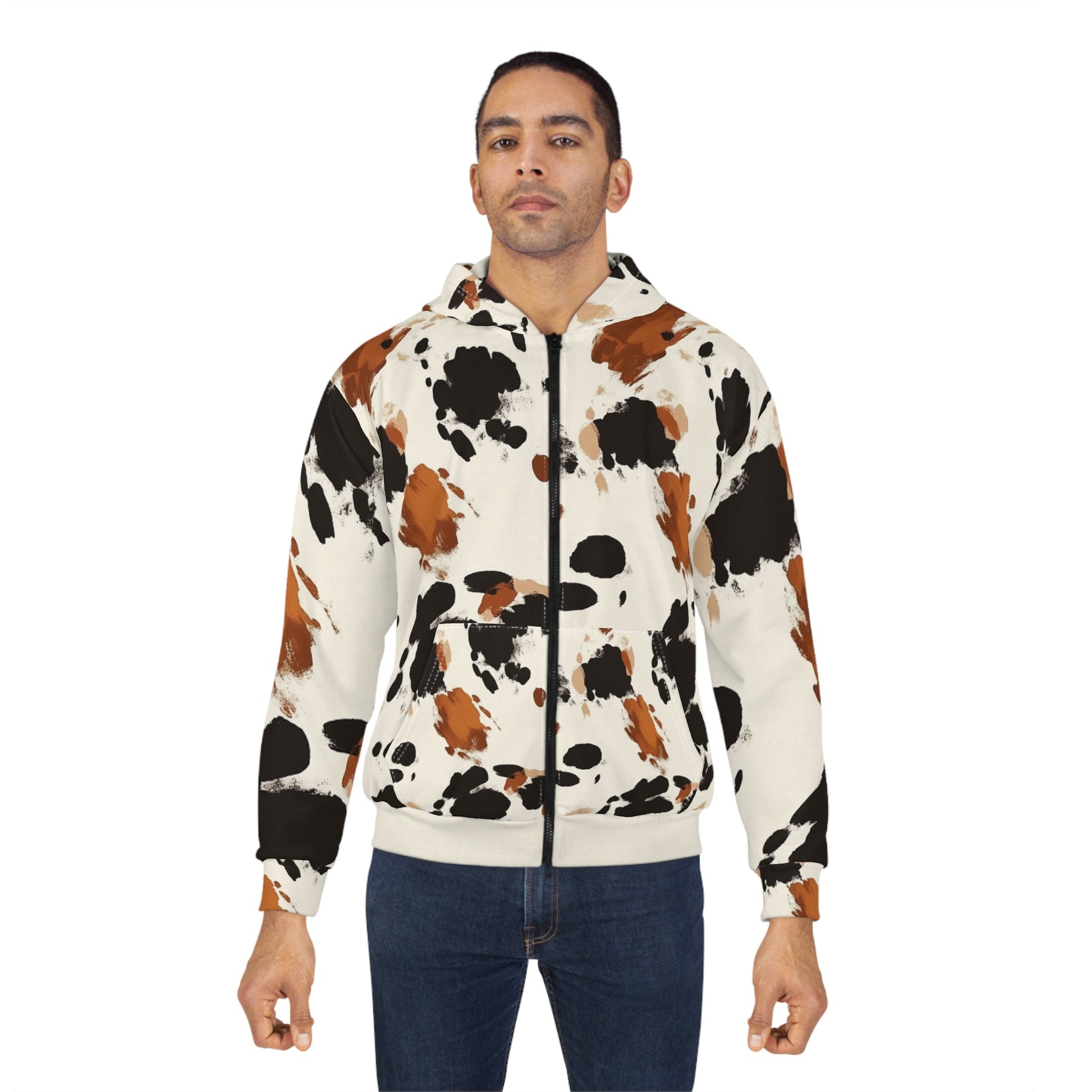 All Over Brown Cow Print Zip Hoodie, Artsulli - Art is Long, Life is Short, All Over Prints, , , , , , , 