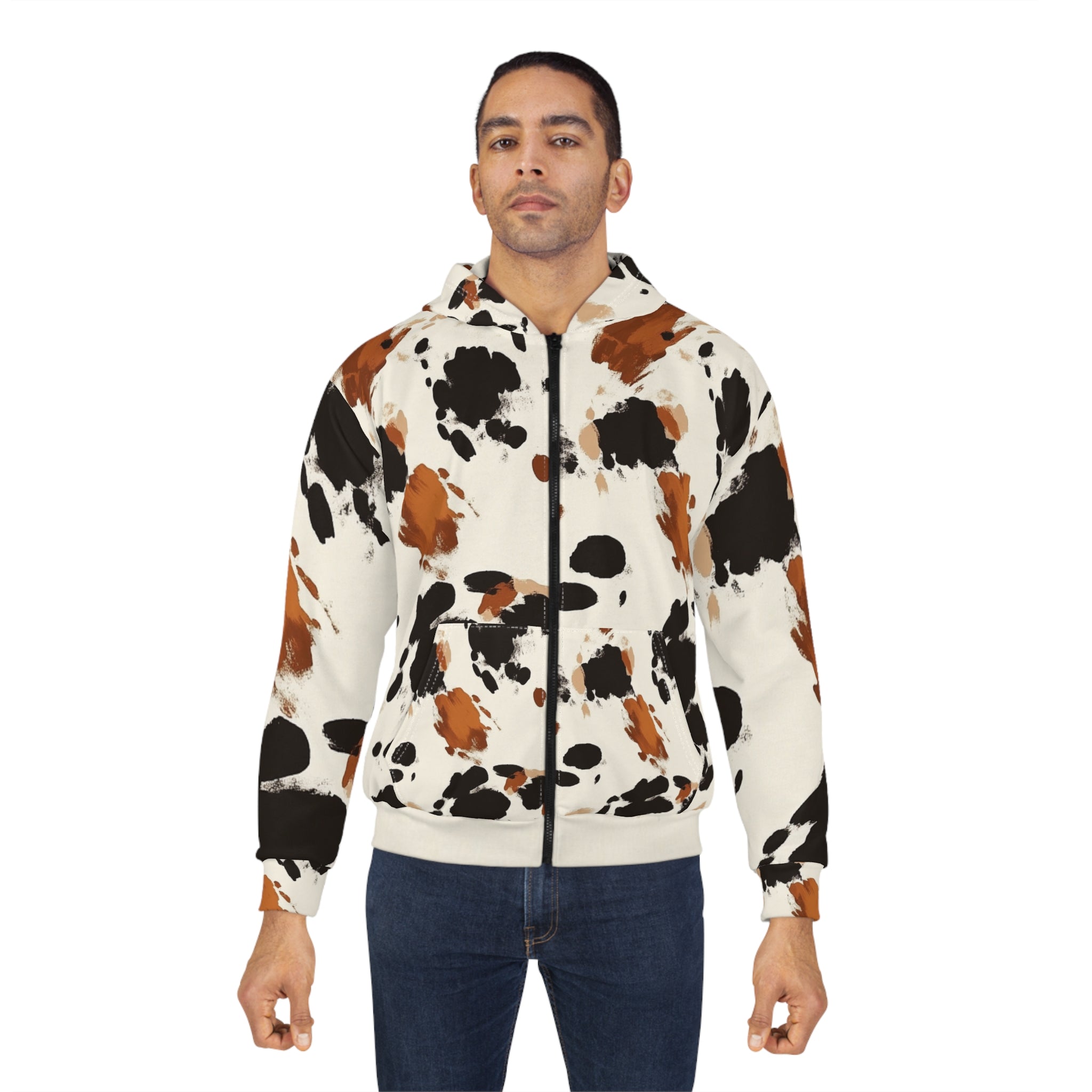 All Over Brown Cow Print Zip Hoodie, Artsulli - Art is Long, Life is Short, All Over Prints, , , , , , , 