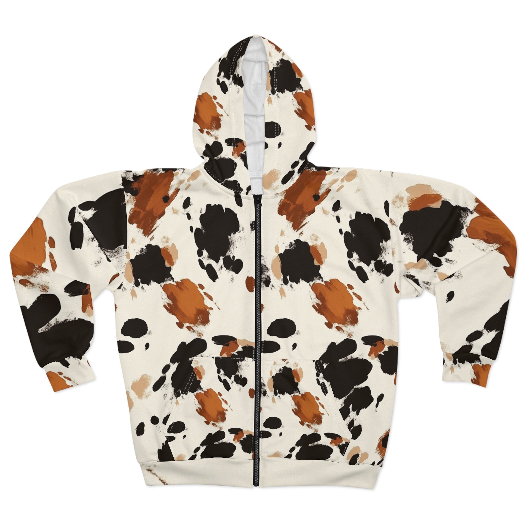 All Over Brown Cow Print Zip Hoodie, Artsulli - Art is Long, Life is Short, All Over Prints, Size, XS, , , , , 17756010363194250069