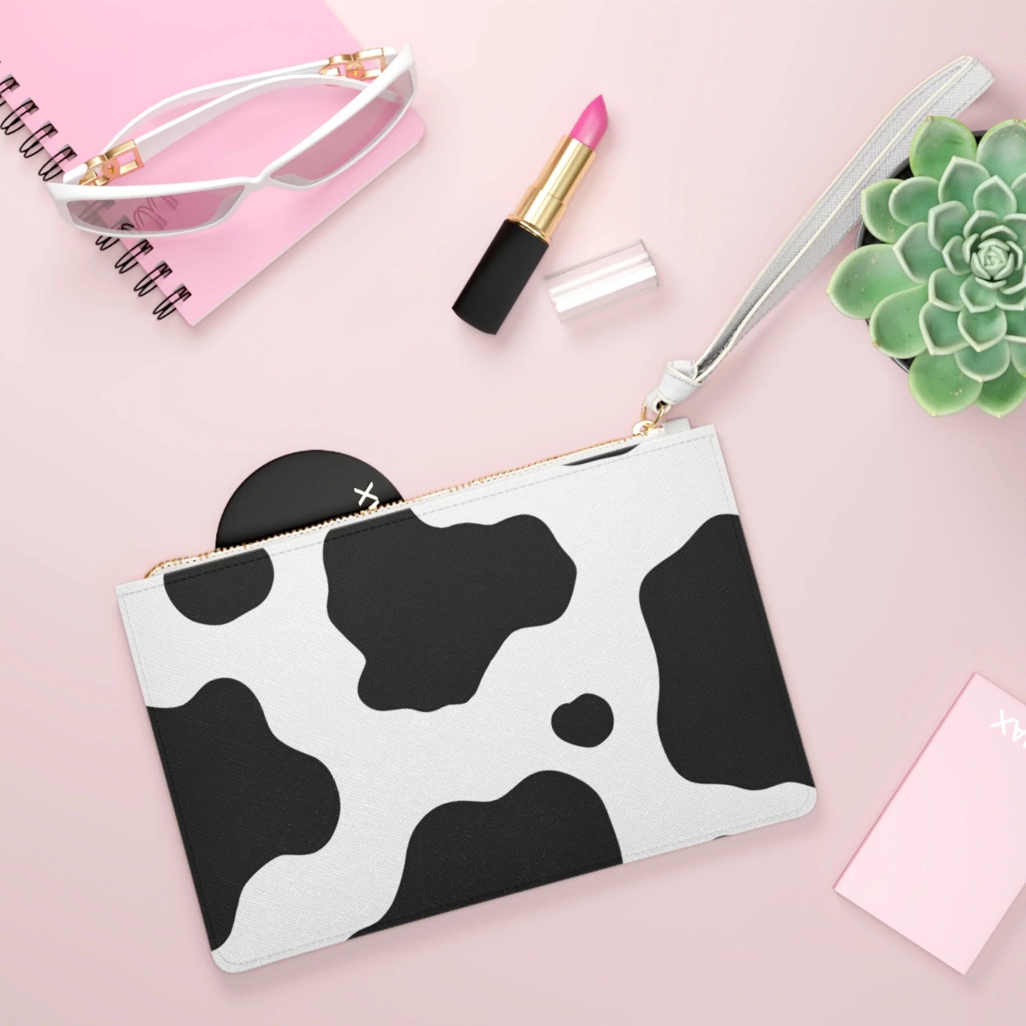 Art Printed Cow Print Clutch Bag with Gold Zipper and Wrist Strap, Artsulli - Art is Long, Life is Short, Bags, , , , , , , 