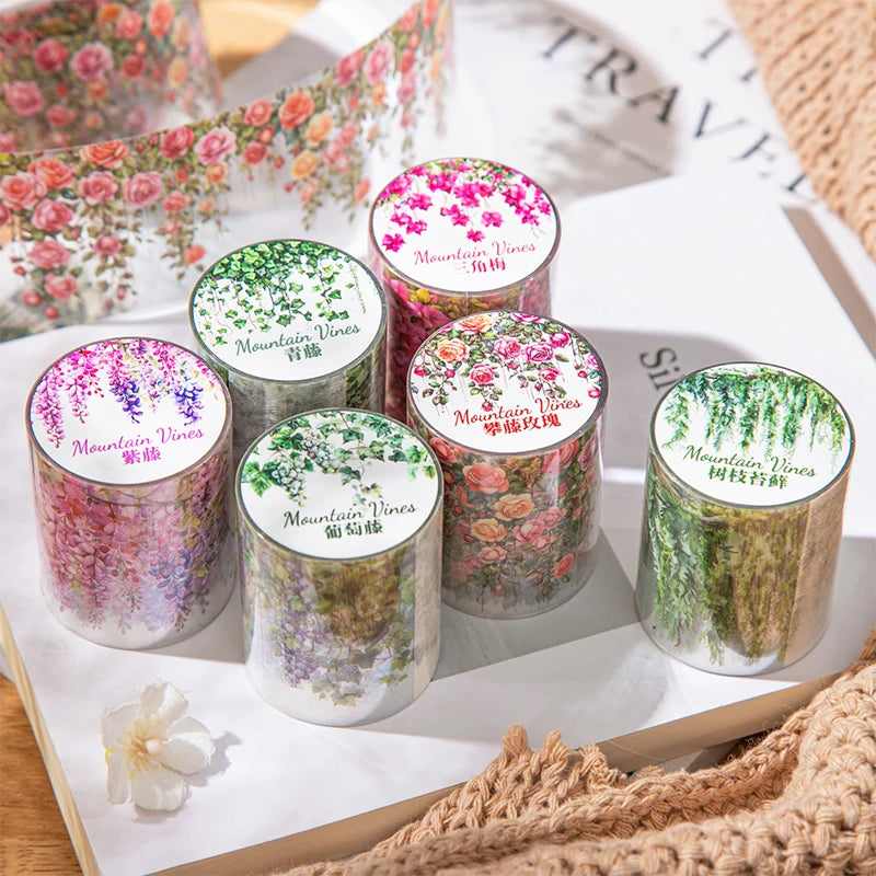 50mm*2m/Roll Plant Floral PET Tape Handbook Aesthetic Decorative Stickers Album Journals Scrapbooking Supplies Art Masking Tapes